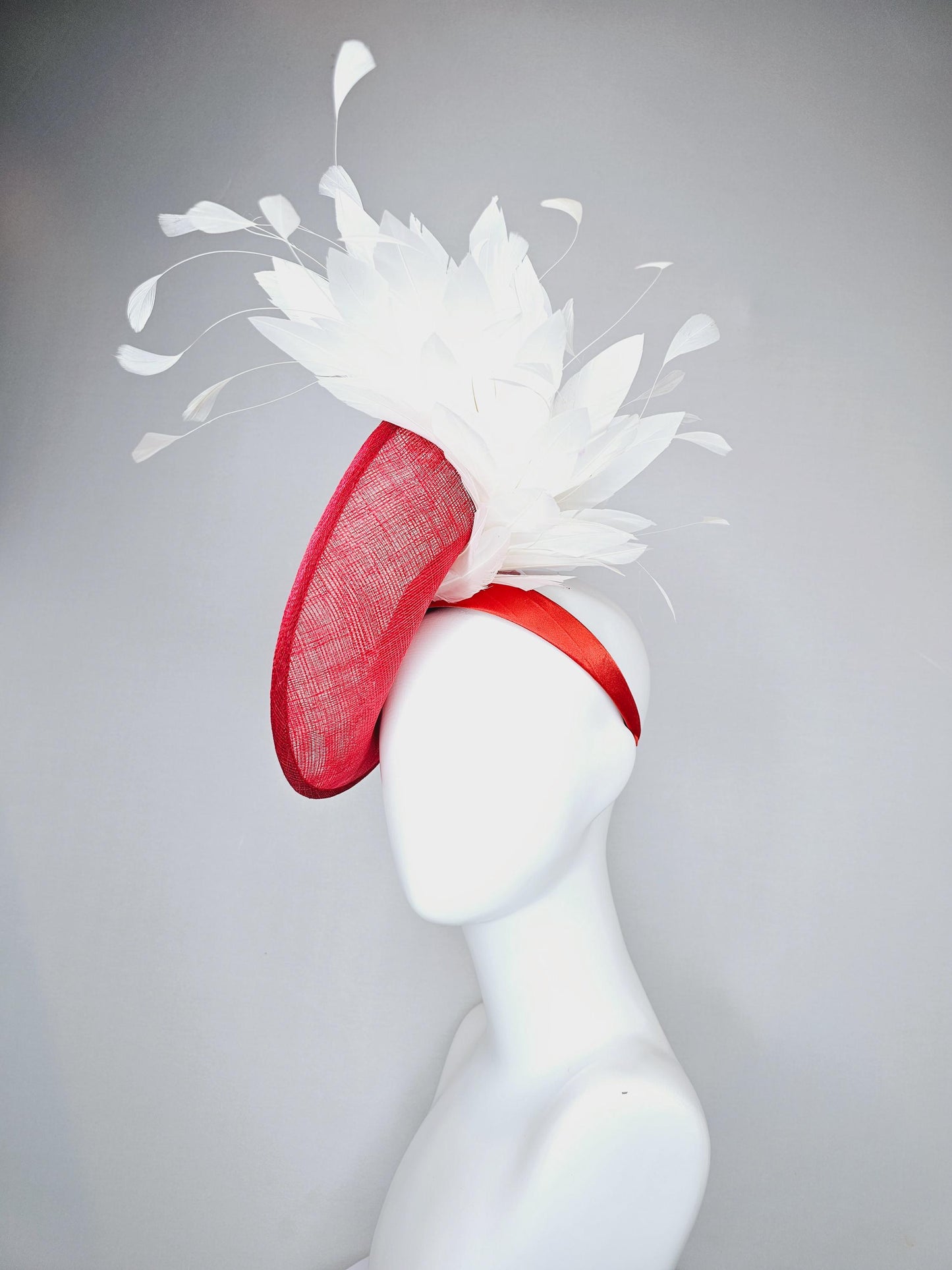 kentucky derby hat fascinator red sinamay saucer with pearl red gold crystal jewel beaded flowers and white feathers