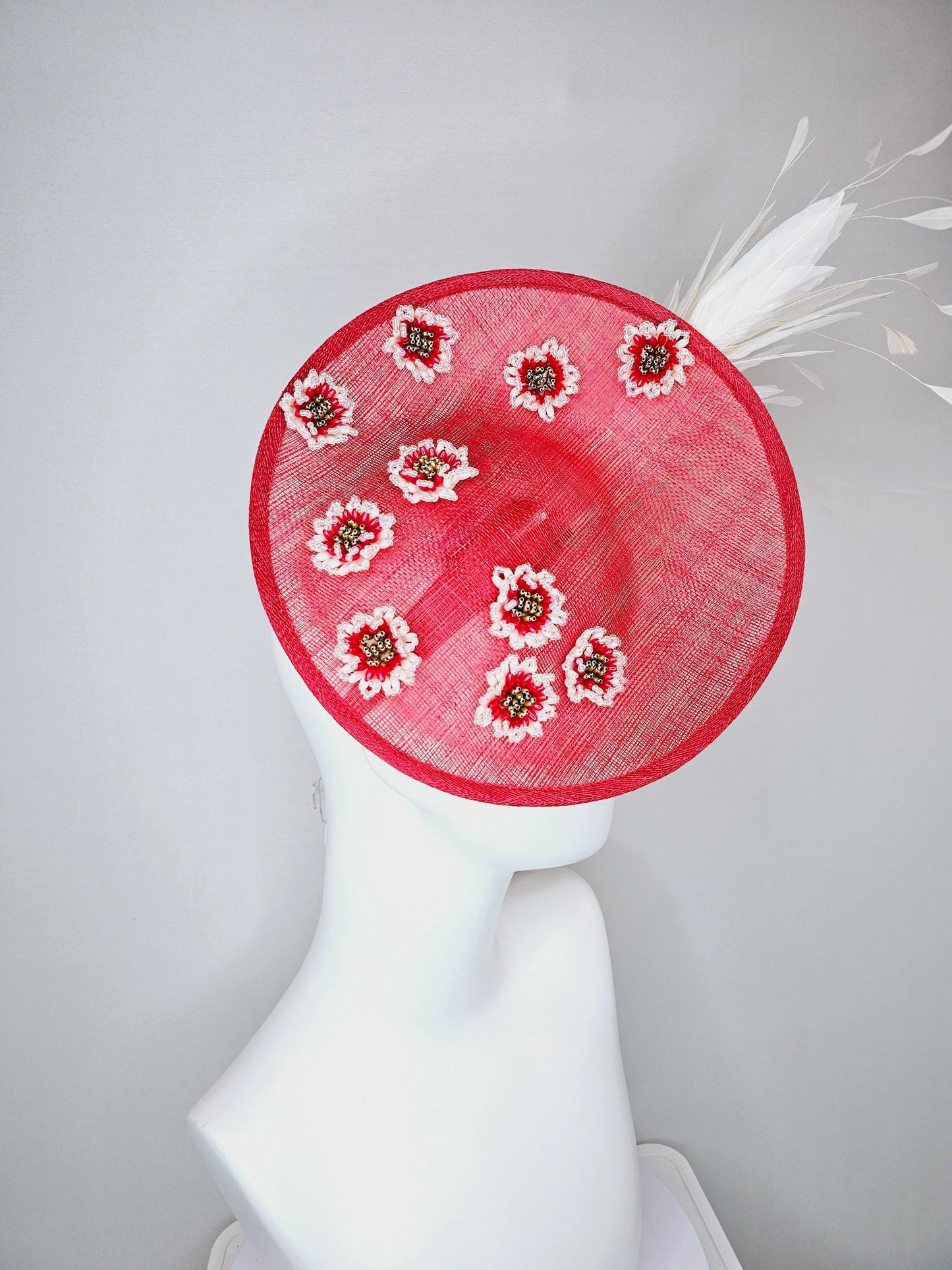 kentucky derby hat fascinator red sinamay saucer with pearl red gold crystal jewel beaded flowers and white feathers