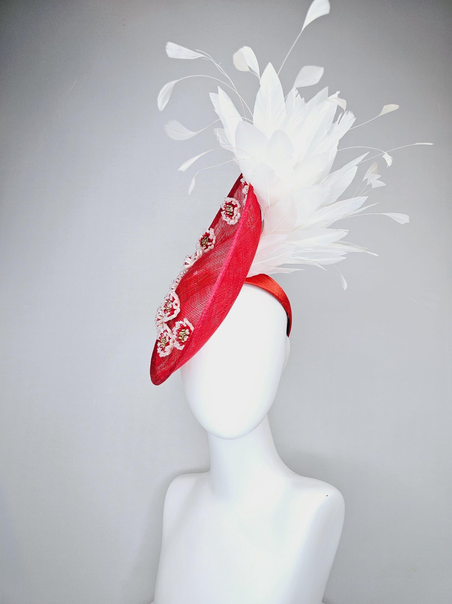 kentucky derby hat fascinator red sinamay saucer with pearl red gold crystal jewel beaded flowers and white feathers