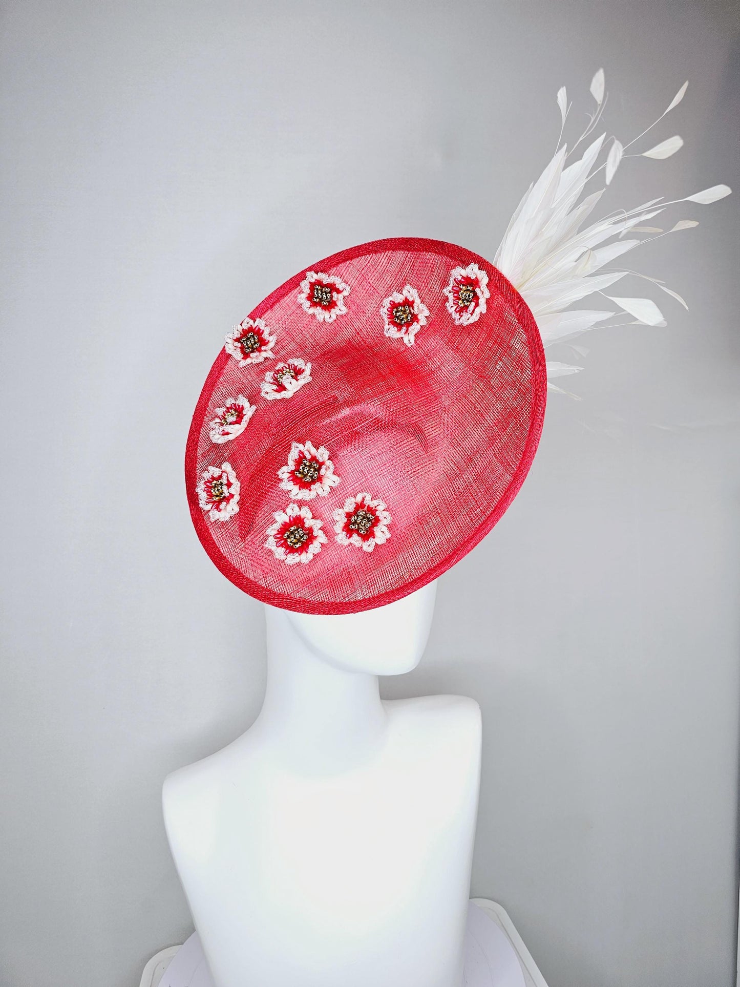 kentucky derby hat fascinator red sinamay saucer with pearl red gold crystal jewel beaded flowers and white feathers