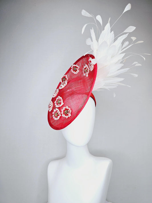 kentucky derby hat fascinator red sinamay saucer with pearl red gold crystal jewel beaded flowers and white feathers