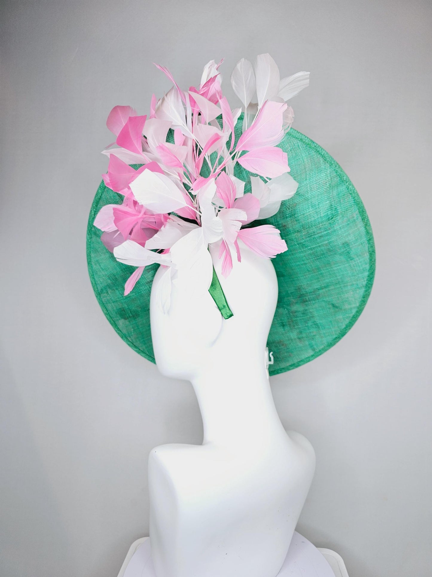 kentucky derby hat fascinator large mint green sinamay saucer with pink red green brown embroidered flowers, blush pink and white feathers