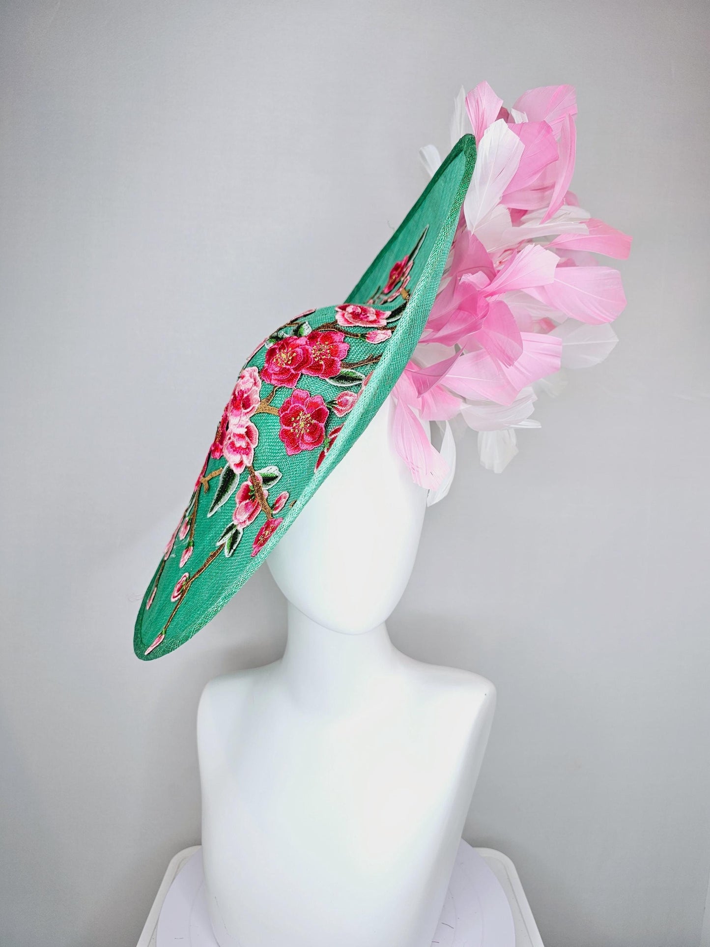 kentucky derby hat fascinator large mint green sinamay saucer with pink red green brown embroidered flowers, blush pink and white feathers