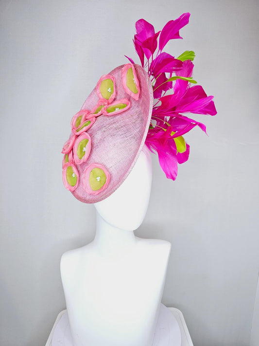 kentucky derby hat fascinator light pink sinamay saucer with light pink lime green organza flowers, fuchsia pink and lime green feathers