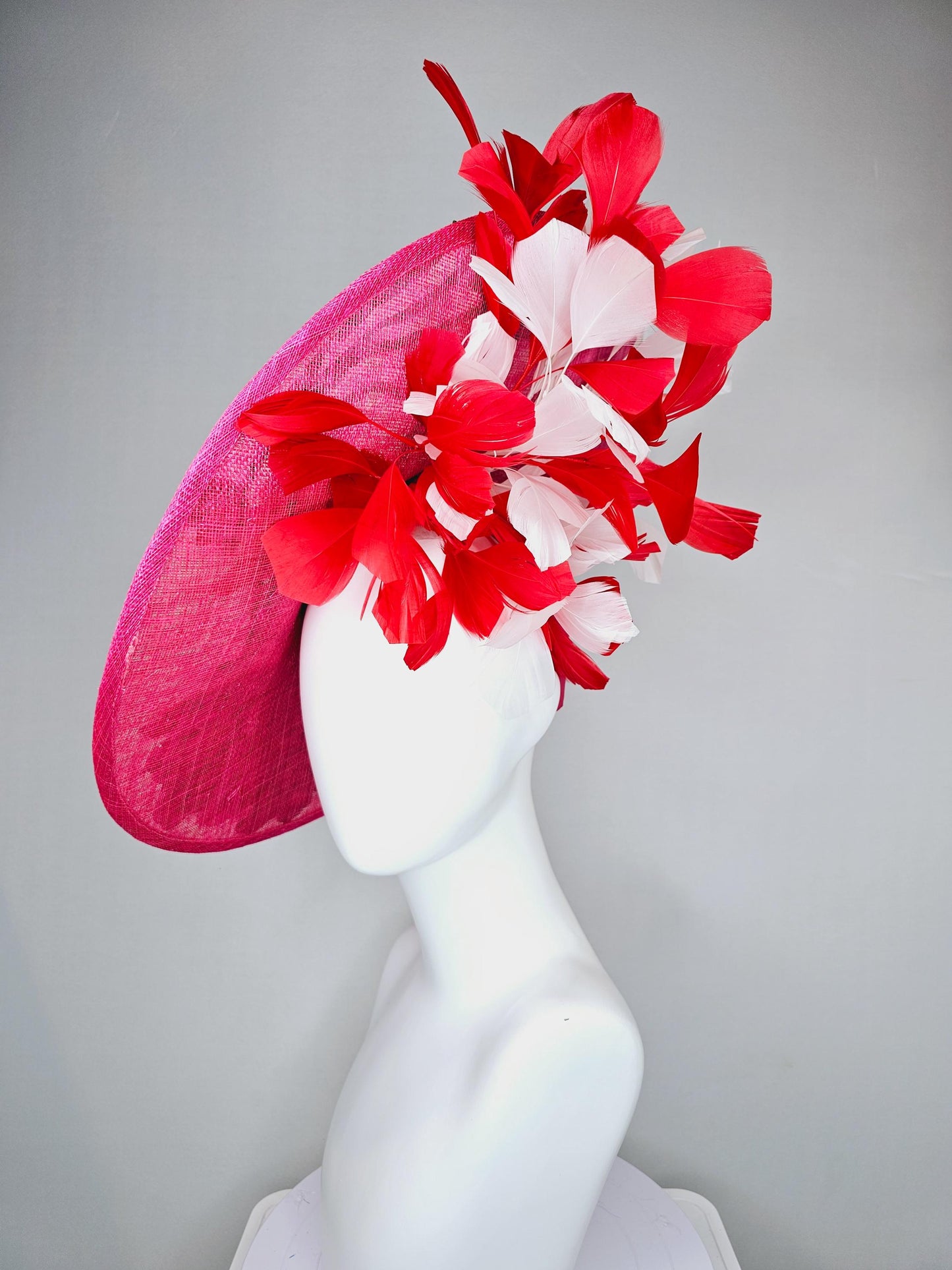 kentucky derby hat fascinator hot pink large saucer with red,pink,white embroidered flowers,green leaves,red and white branching feathers