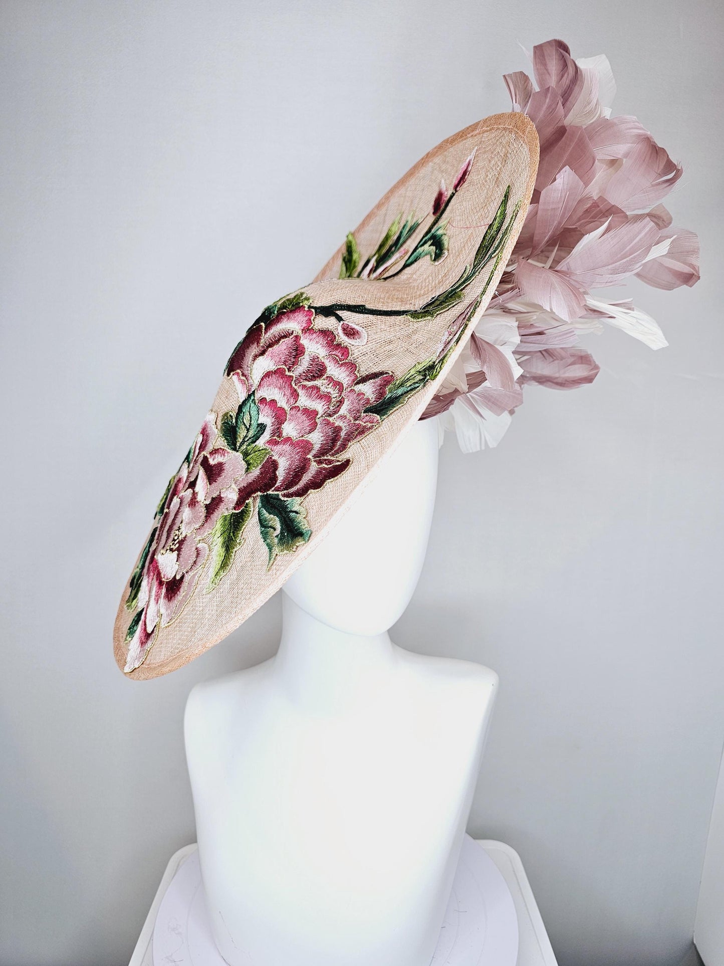 kentucky derby hat fascinator taupe beige neutral large saucer sinamay,with pink,burgundy,white floral embroidered,white dusty pink feathers