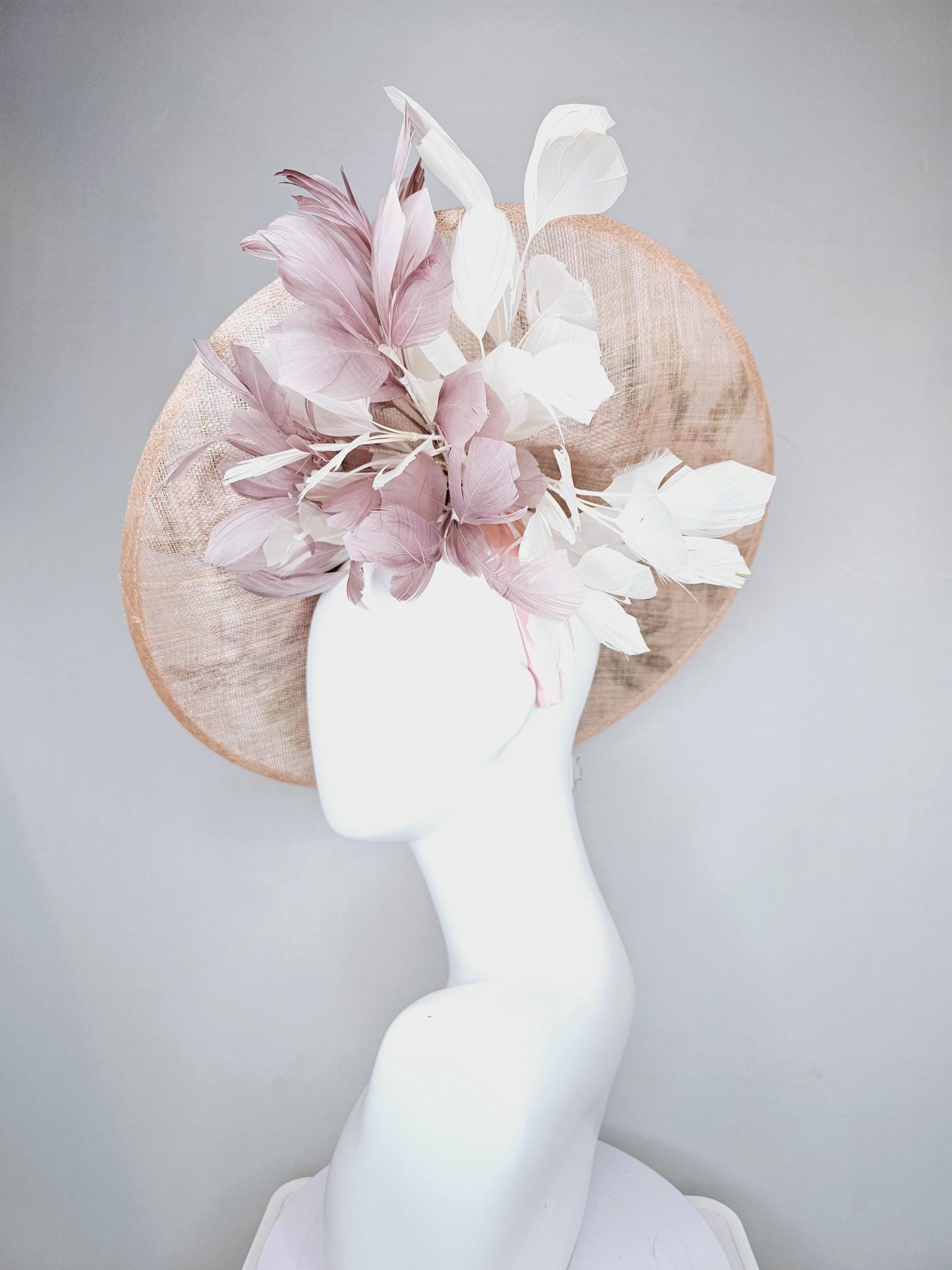 kentucky derby hat fascinator taupe beige neutral large saucer sinamay,with pink,burgundy,white floral embroidered,white dusty pink feathers