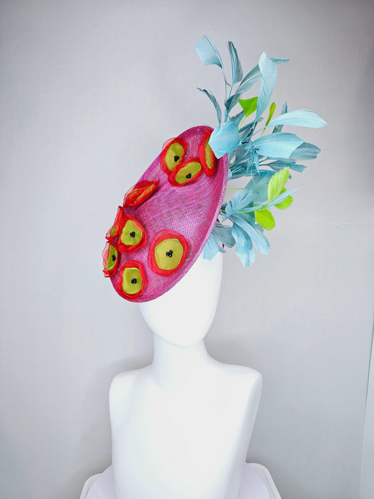 kentucky derby hat fascinator hot pink saucer with red green organza embroidered flowers,lime yellow green and sky blue branching feathers