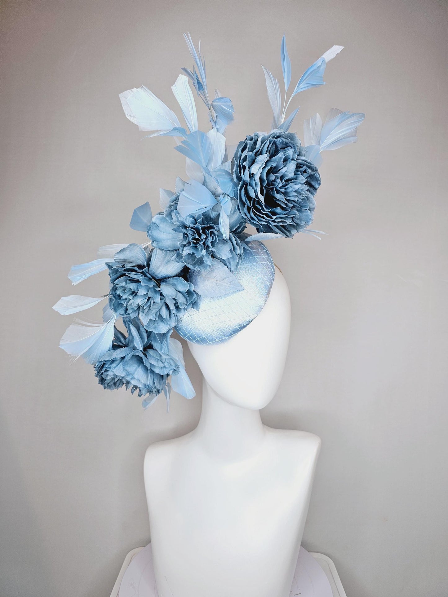 kentucky derby hat fascinator light blue satin with netting,satin silk large cerulean blue flowers,blue leaves and light baby blue feathers