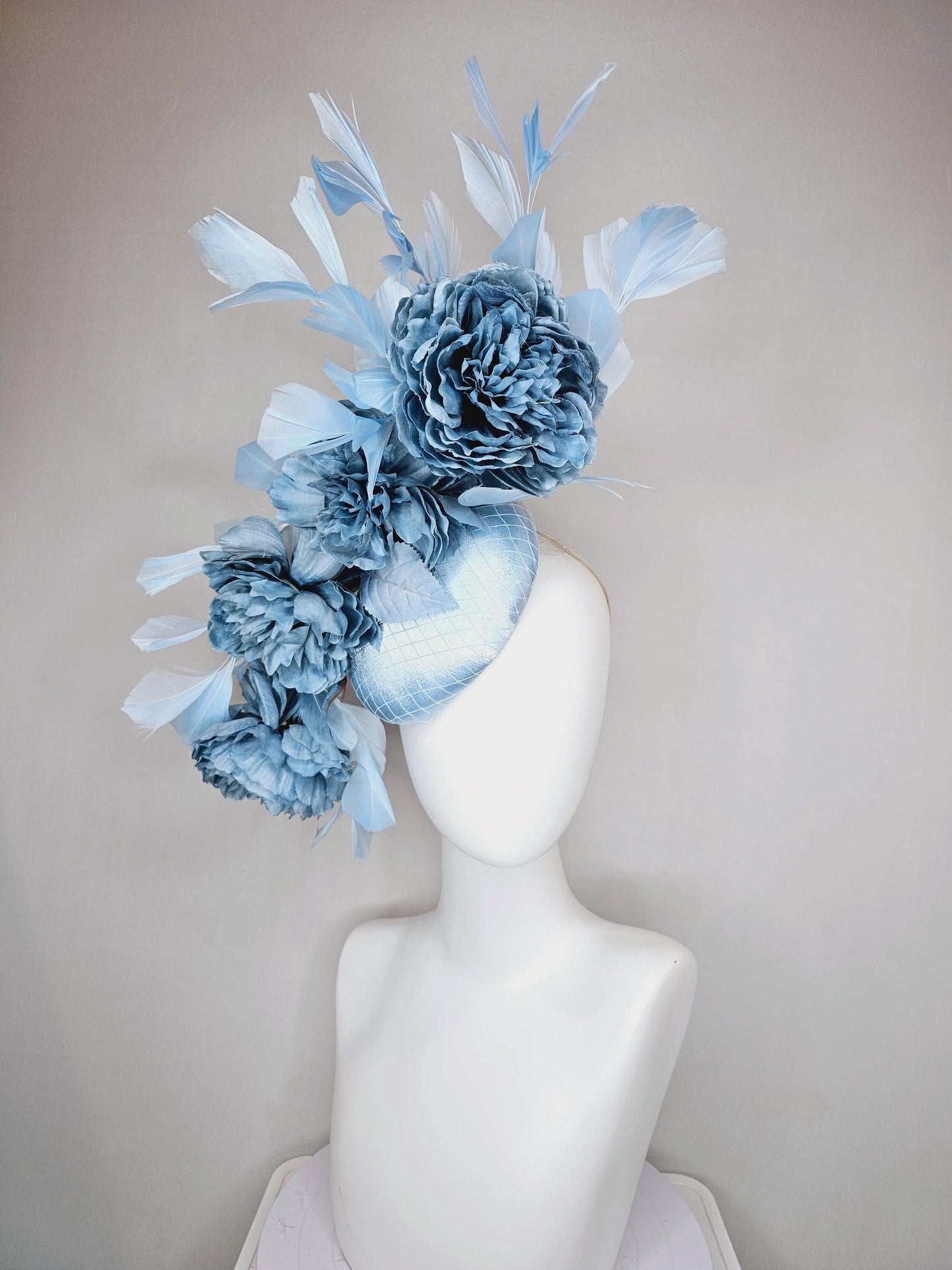 kentucky derby hat fascinator light blue satin with netting,satin silk large cerulean blue flowers,blue leaves and light baby blue feathers