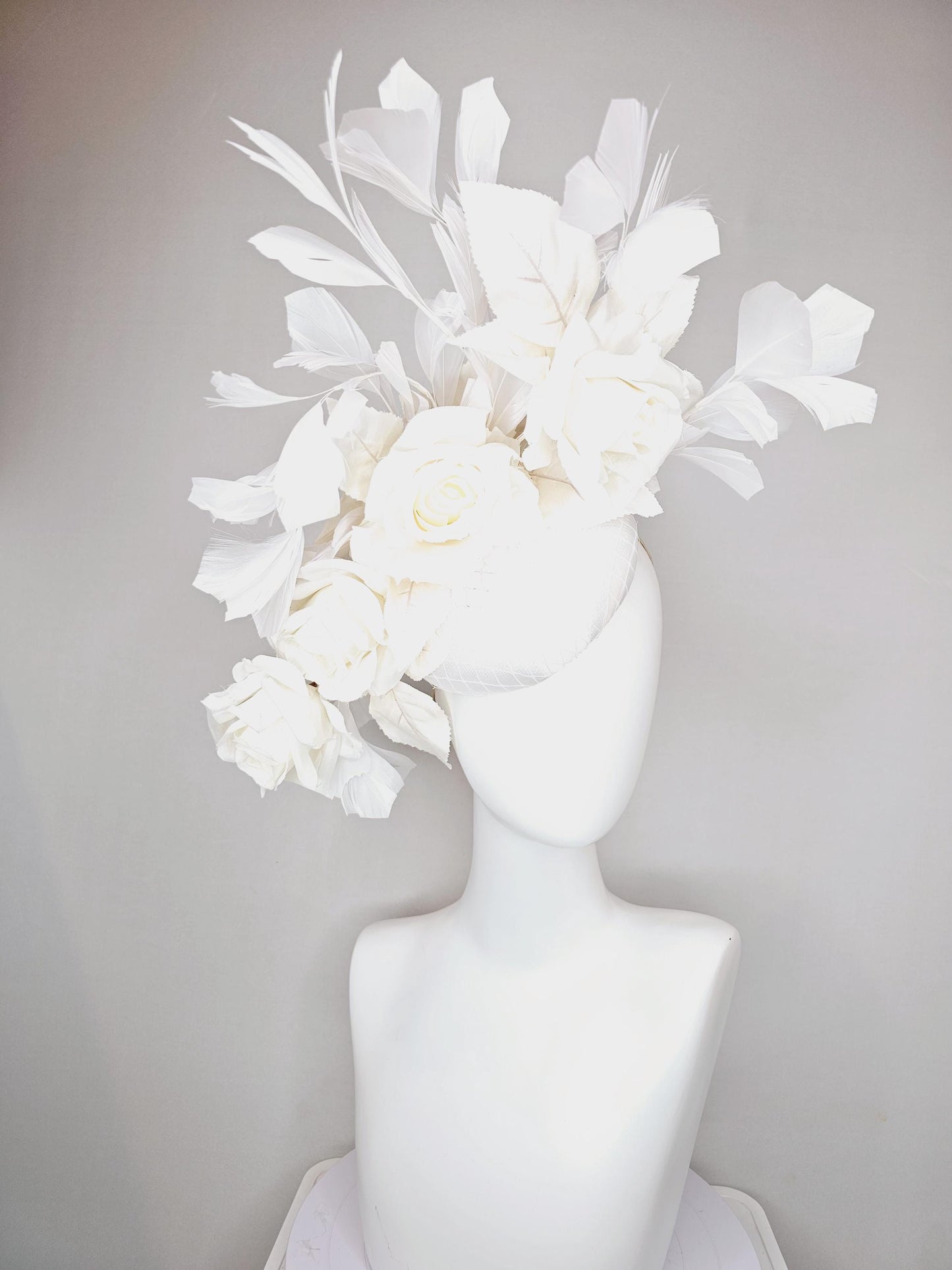 kentucky derby hat fascinator white satin with netting,satin silk white roses and leaves with white branching feathers