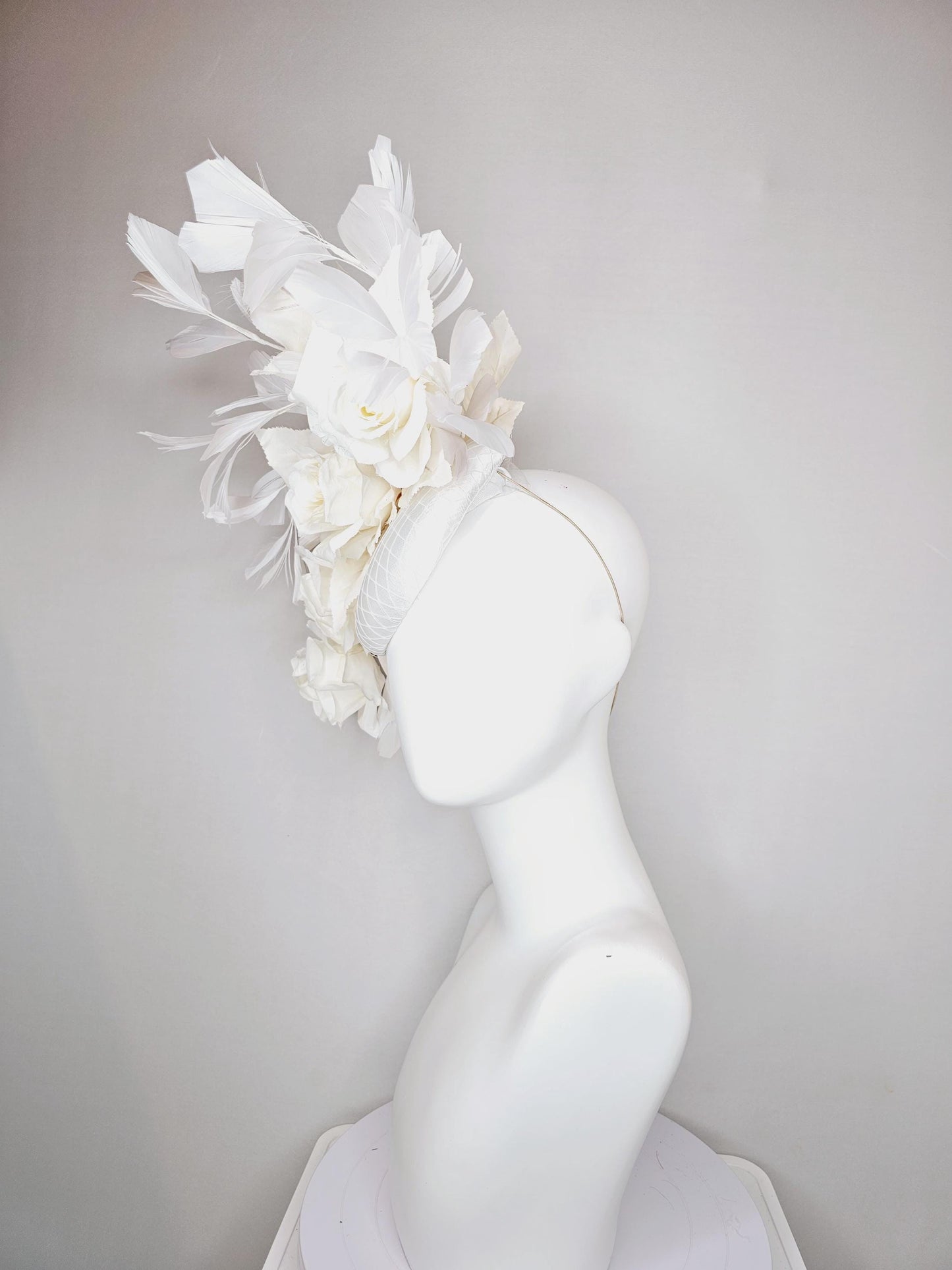 kentucky derby hat fascinator white satin with netting,satin silk white roses and leaves with white branching feathers