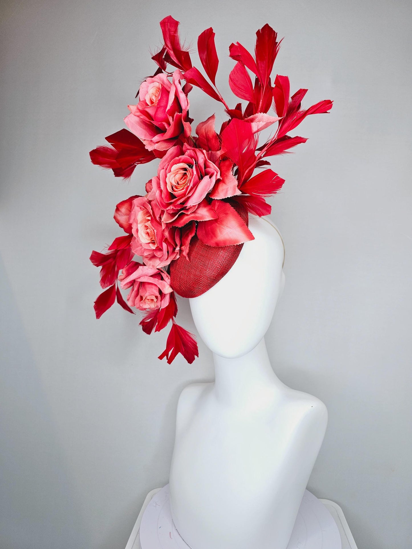 kentucky derby hat fascinator red sinamay with ombre coral peach red satin silk roses and leaves and cherry red branching feathers