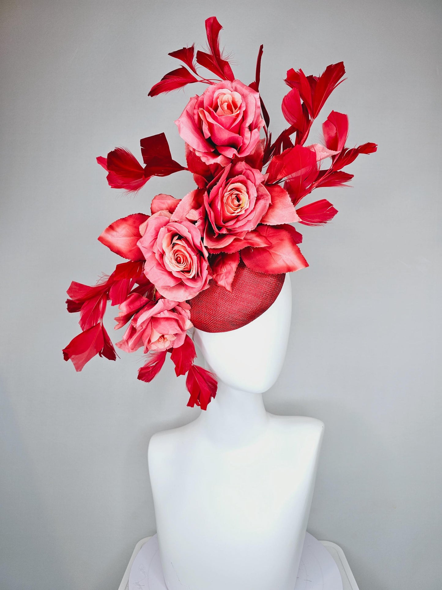 kentucky derby hat fascinator red sinamay with ombre coral peach red satin silk roses and leaves and cherry red branching feathers