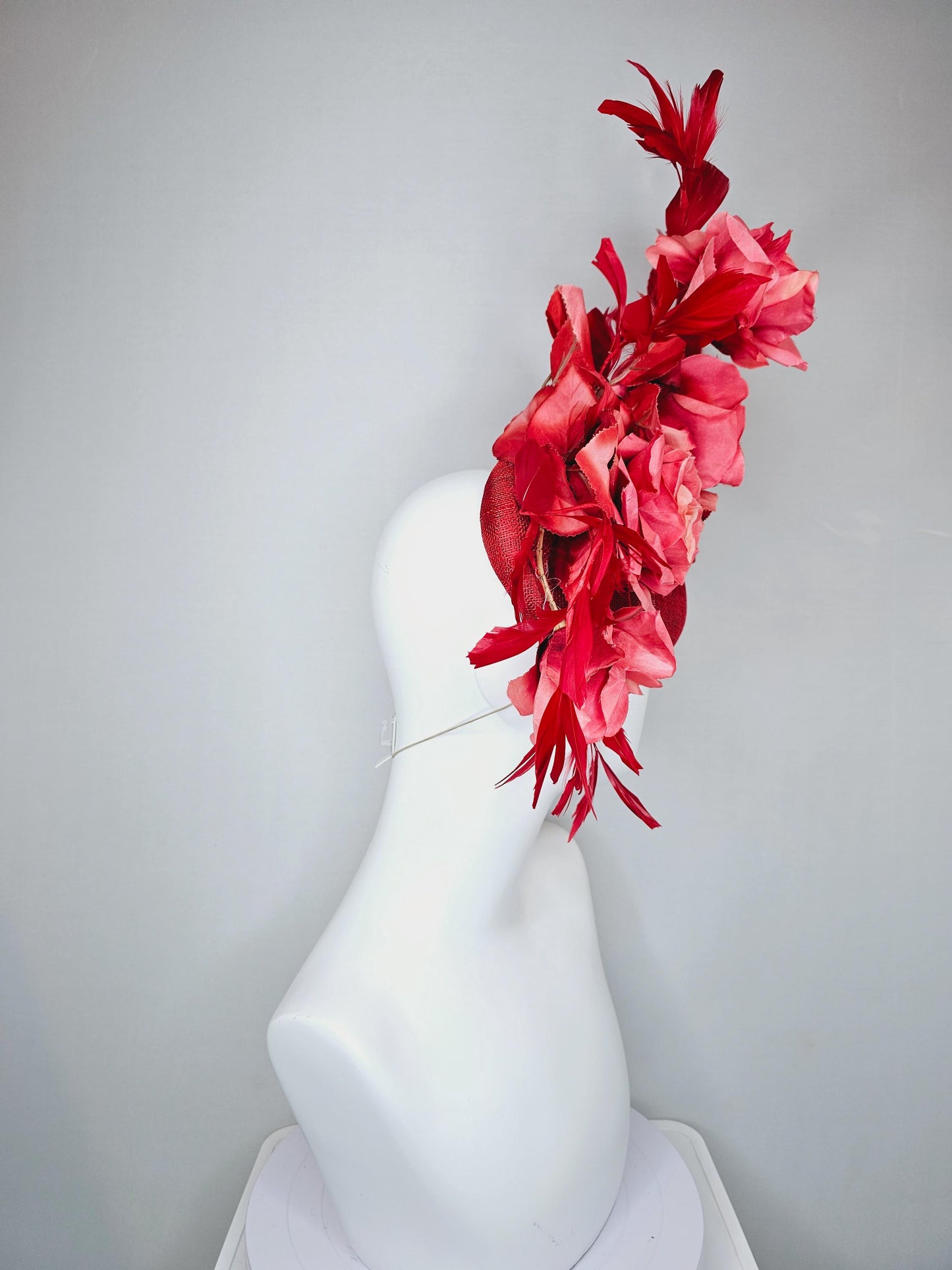 kentucky derby hat fascinator red sinamay with ombre coral peach red satin silk roses and leaves and cherry red branching feathers