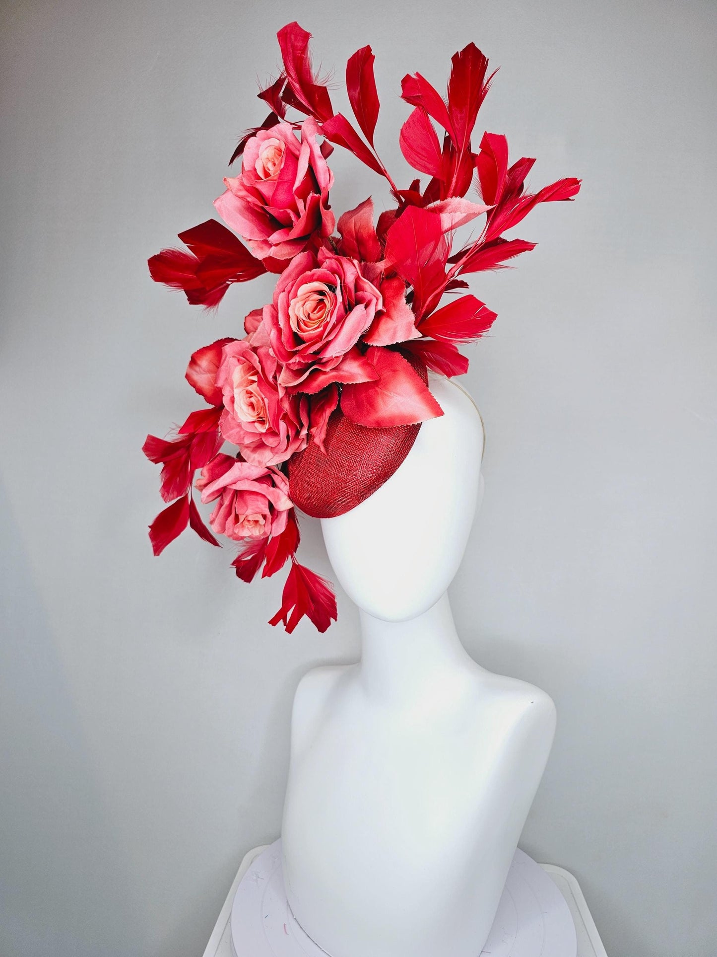 kentucky derby hat fascinator red sinamay with ombre coral peach red satin silk roses and leaves and cherry red branching feathers