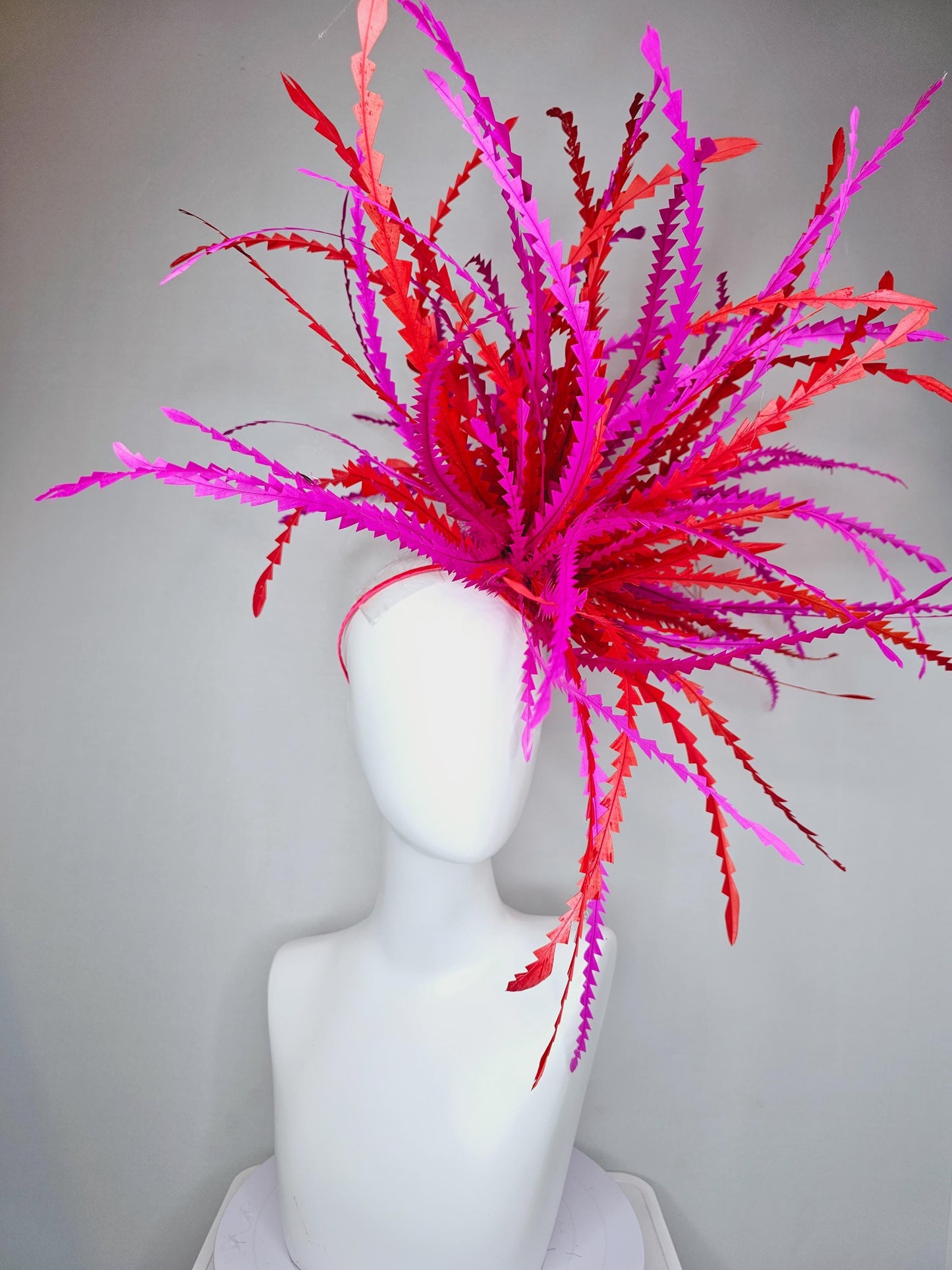 kentucky derby hat fascinator huge bright red and fuchsia pink zigzag long feather showstopper headpiece