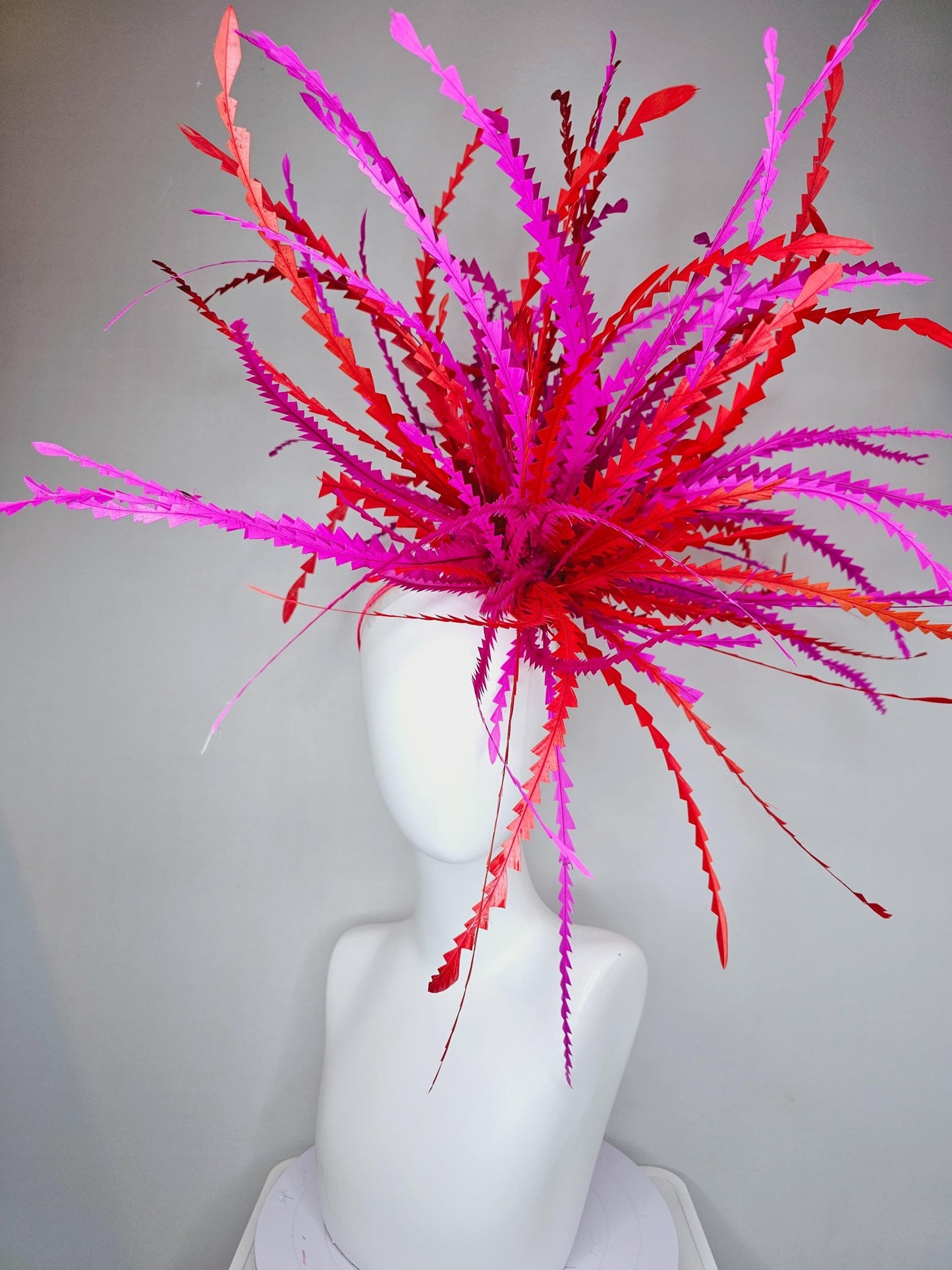 kentucky derby hat fascinator huge bright red and fuchsia pink zigzag long feather showstopper headpiece