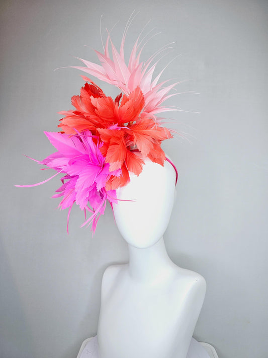 kentucky derby hat fascinator bright hot pink fluffy feather flower with coral orange branching feathers and light pink pointy feathers