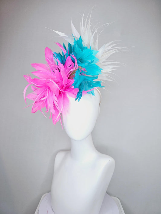 kentucky derby hat fascinator bright hot pink fluffy feather flower,turquoise blue branching feathers and white pointy feathers