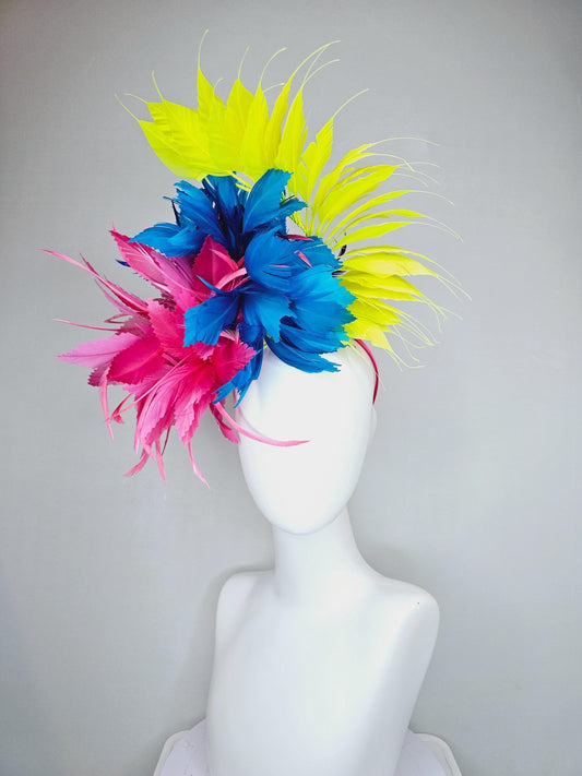 kentucky derby hat fascinator pink fluffy feather flower,royal blue branching zigzag feathers and bright yellow pointy feathers