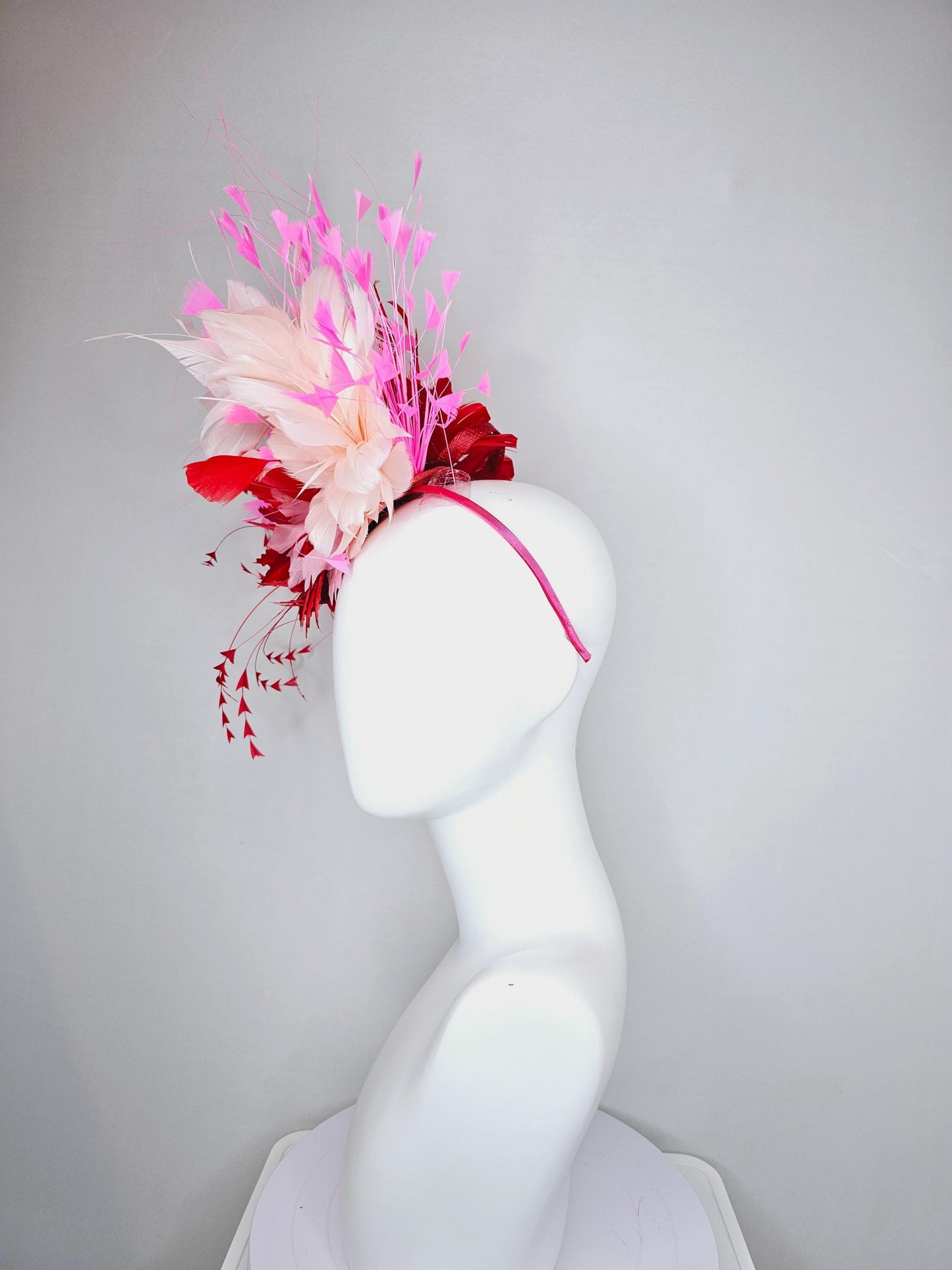 kentucky derby hat fascinator light pink feather flower with cherry red zigzag feathers,blush pink,and pink branching feathers