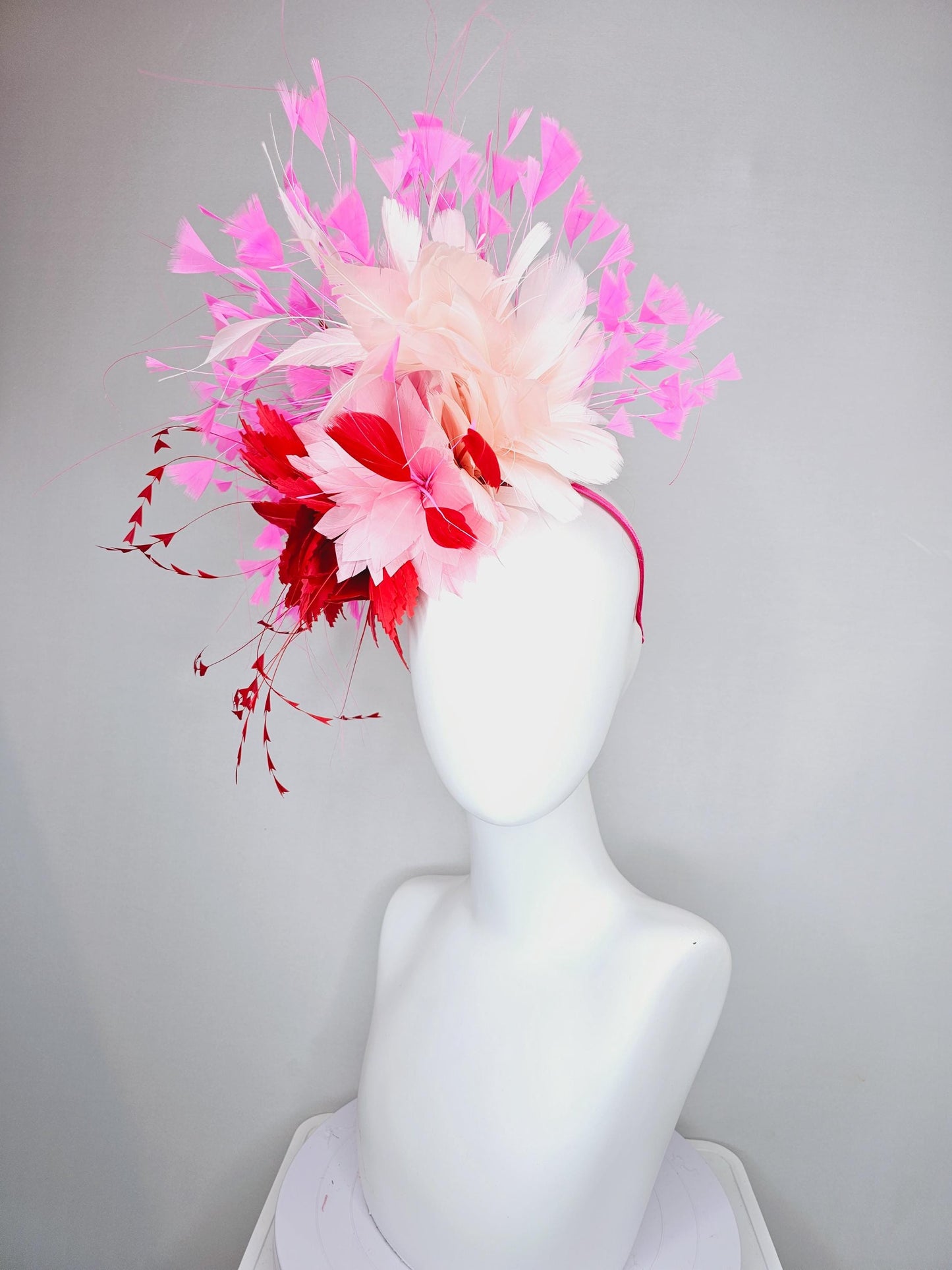 kentucky derby hat fascinator light pink feather flower with cherry red zigzag feathers,blush pink,and pink branching feathers