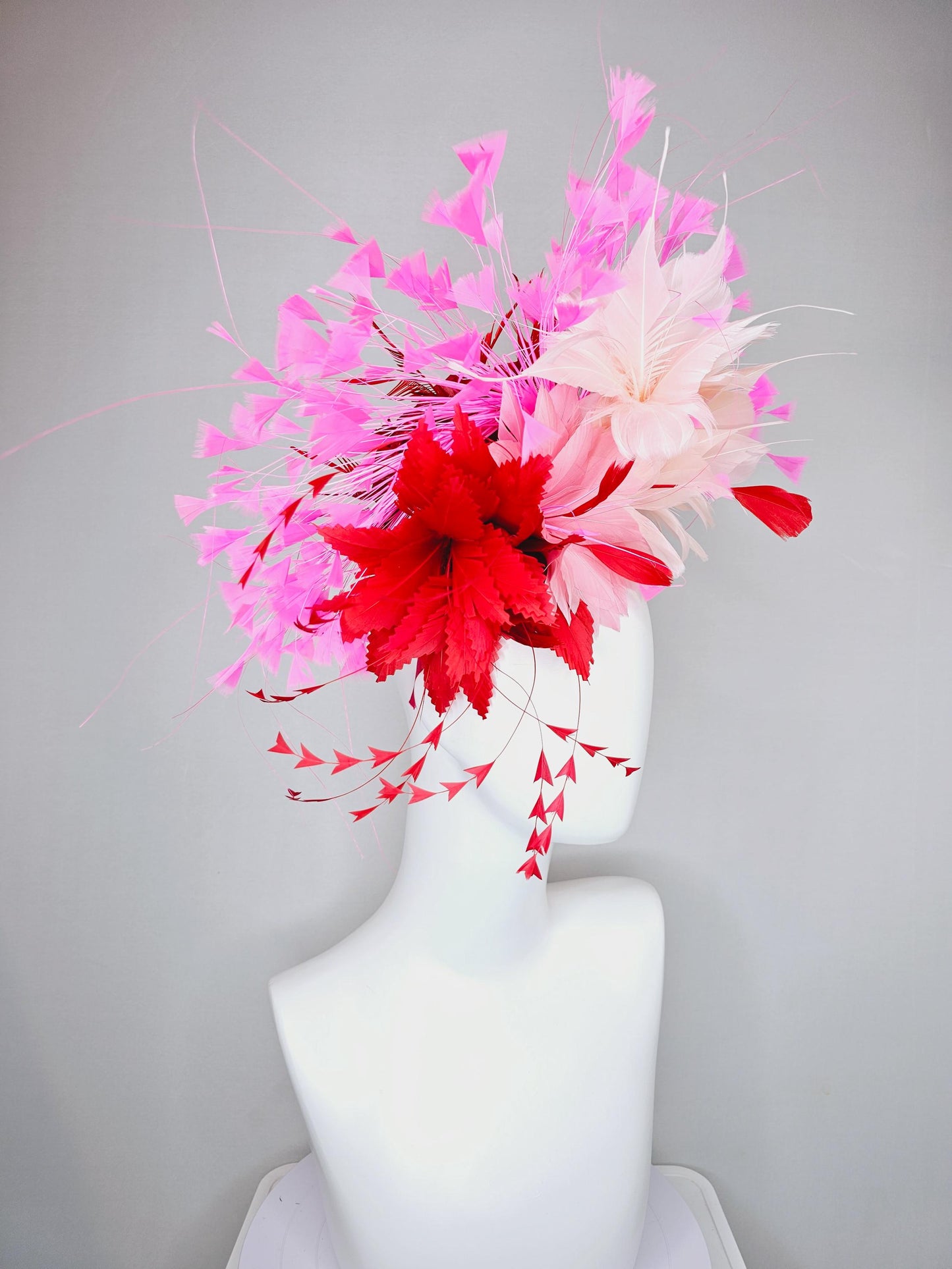 kentucky derby hat fascinator light pink feather flower with cherry red zigzag feathers,blush pink,and pink branching feathers