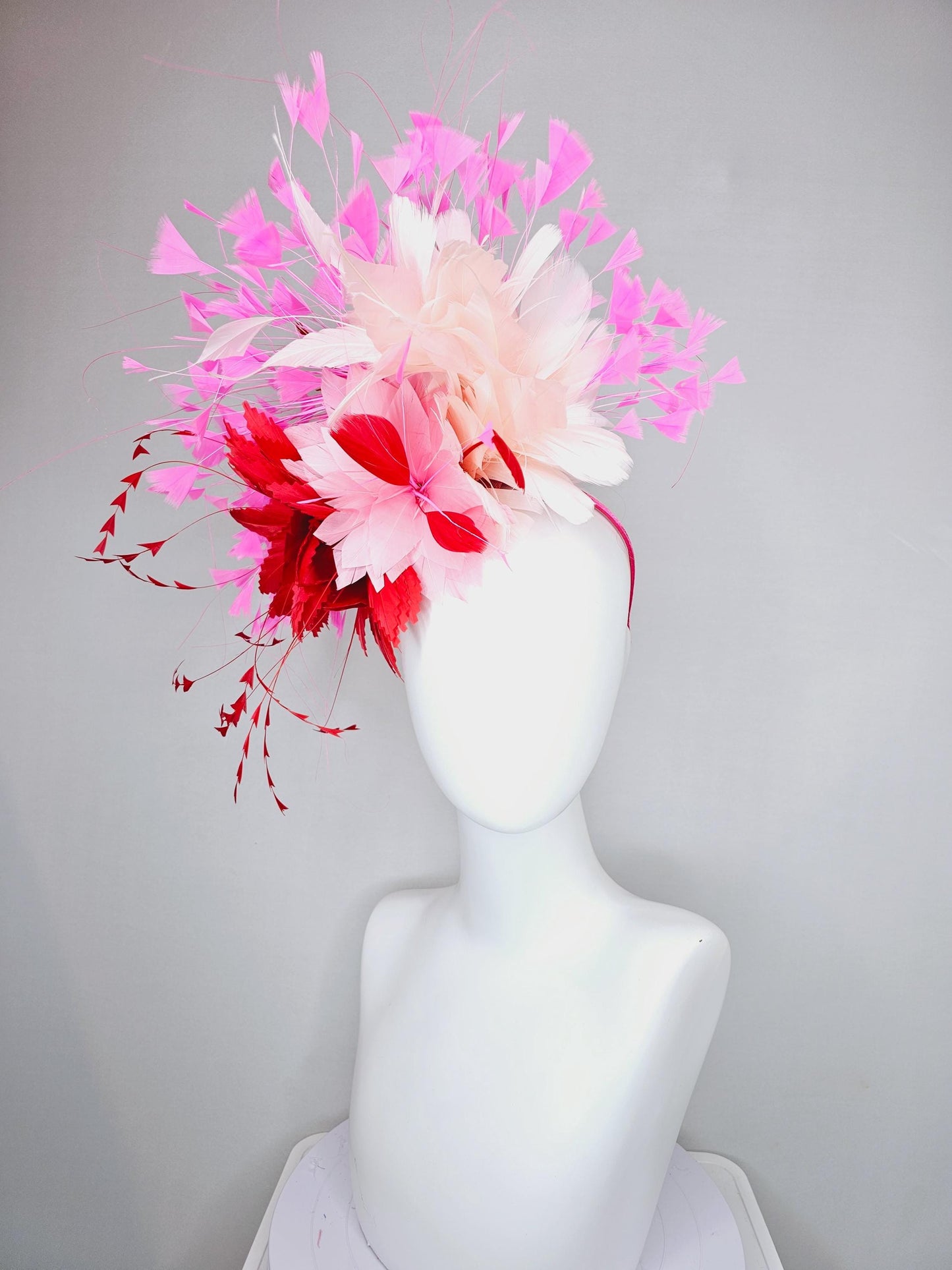 kentucky derby hat fascinator light pink feather flower with cherry red zigzag feathers,blush pink,and pink branching feathers