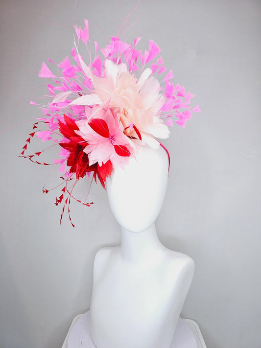 kentucky derby hat fascinator light pink feather flower with cherry red zigzag feathers,blush pink,and pink branching feathers