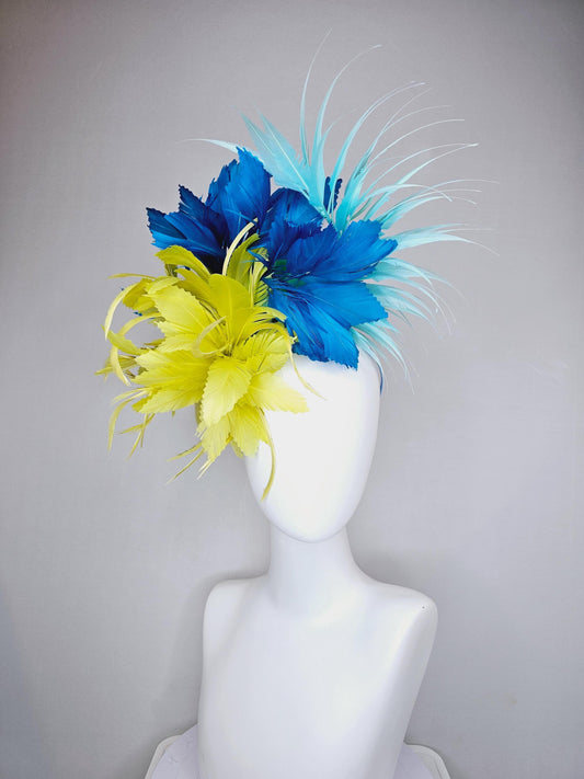 kentucky derby hat fascinator large fluffy yellow zigzag feather flower with royal blue and light sky blue branching feathers