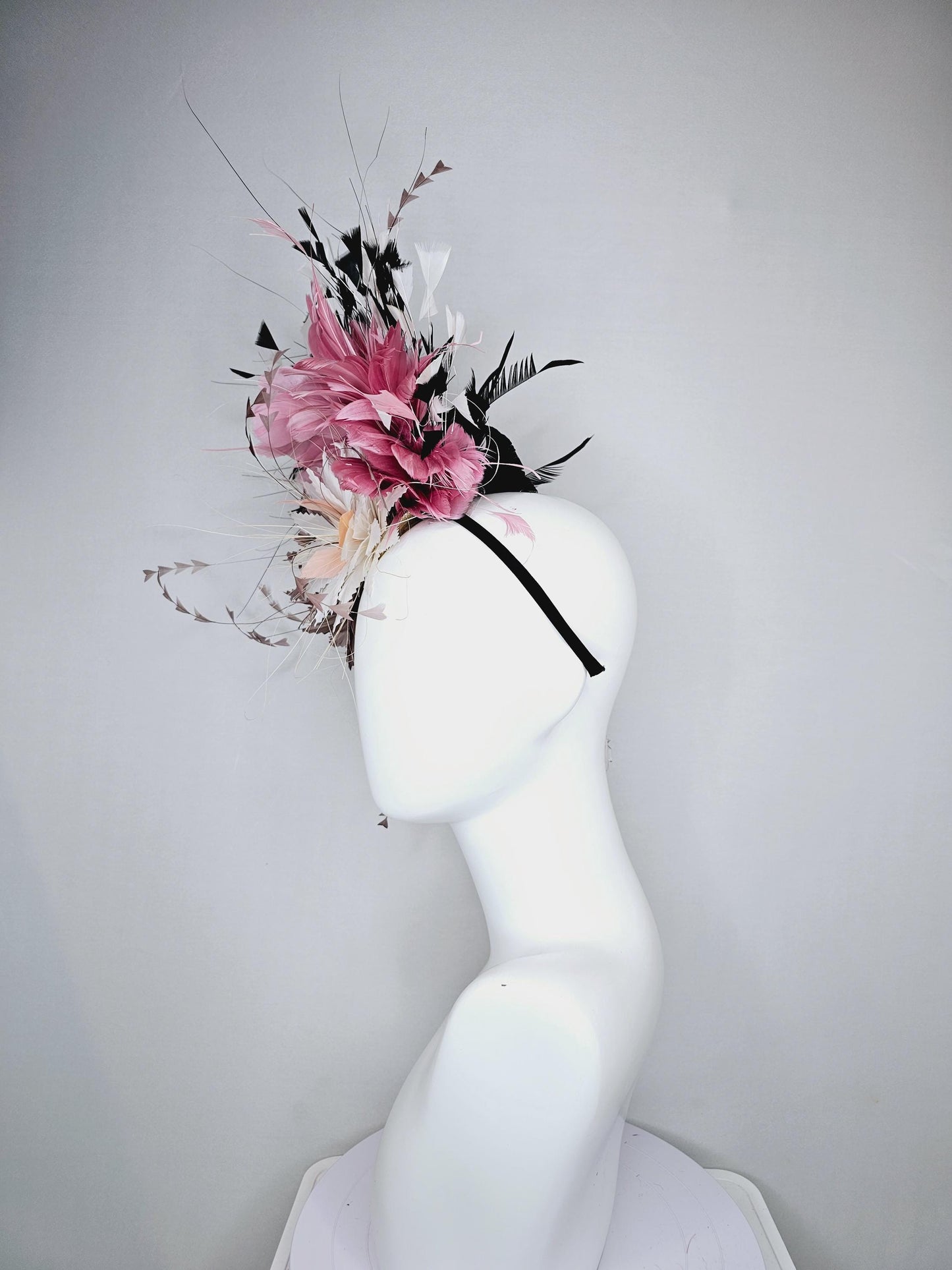 kentucky derby hat fascinator white fluffy zigzag feather flower with taupe feathers and blush pink,black and white branching feathers