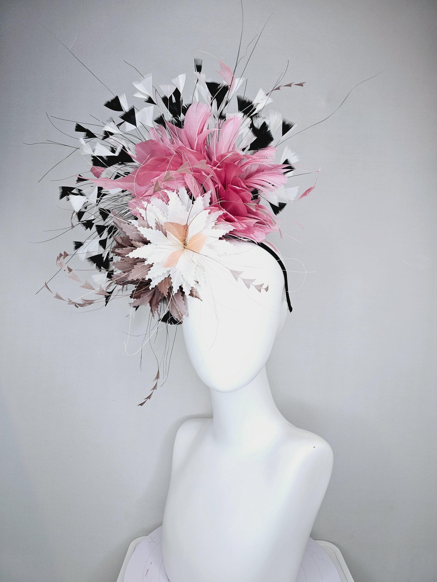 kentucky derby hat fascinator white fluffy zigzag feather flower with taupe feathers and blush pink,black and white branching feathers