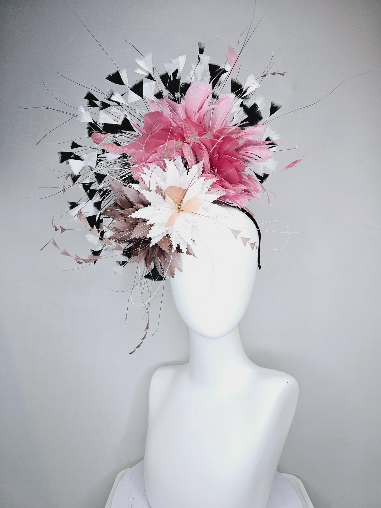 kentucky derby hat fascinator white fluffy zigzag feather flower with taupe feathers and blush pink,black and white branching feathers