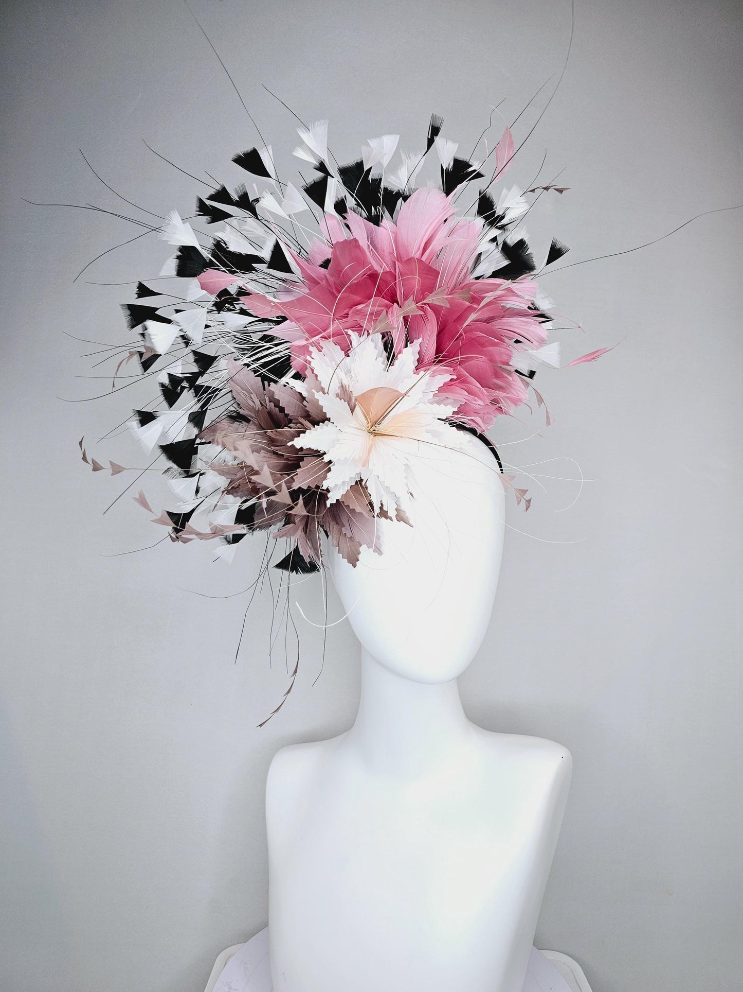 kentucky derby hat fascinator white fluffy zigzag feather flower with taupe feathers and blush pink,black and white branching feathers