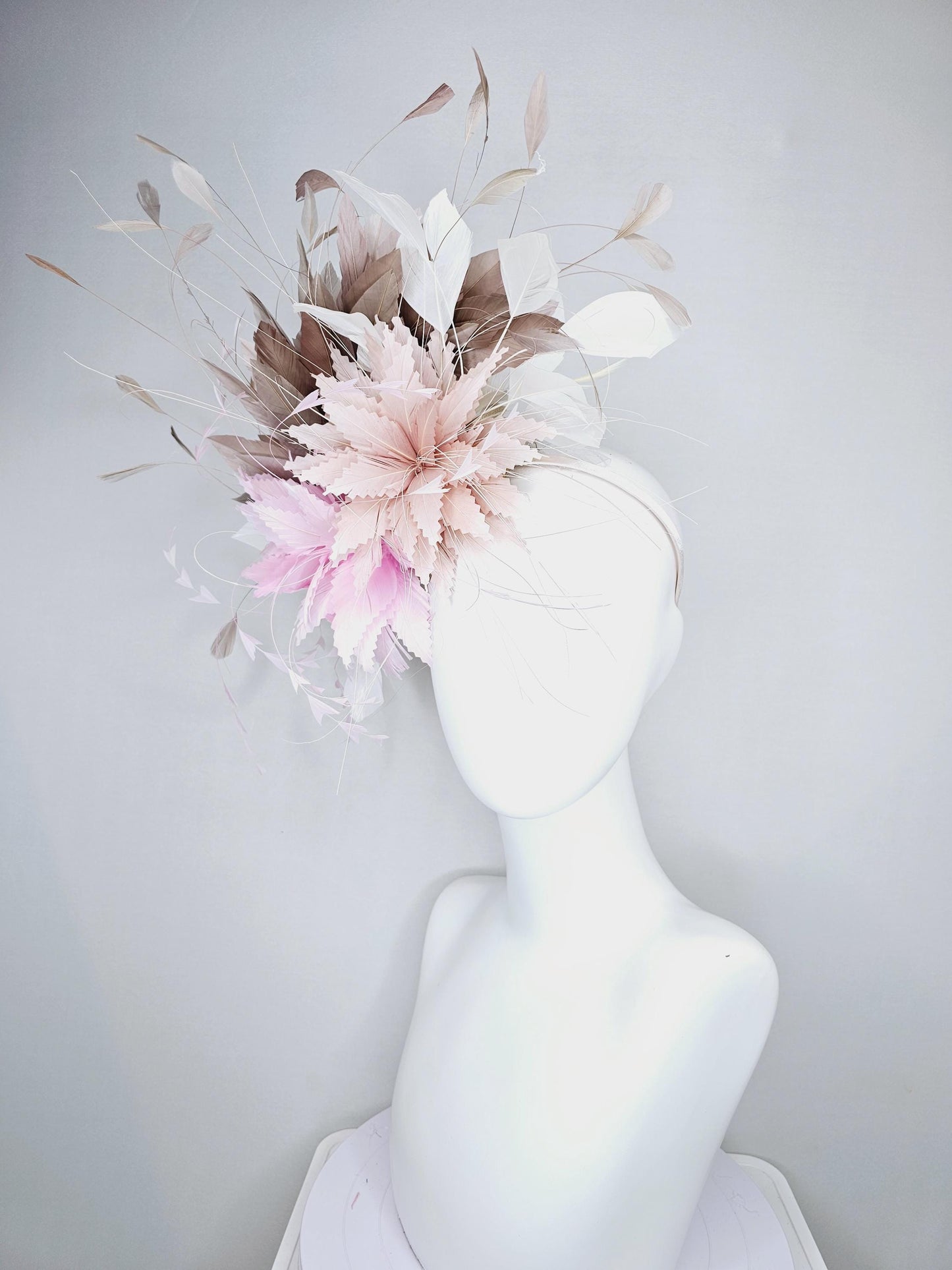 kentucky derby hat fascinator light pink and dusty pink feather flowers with light taupe neutral brown and white ivory branching feathers