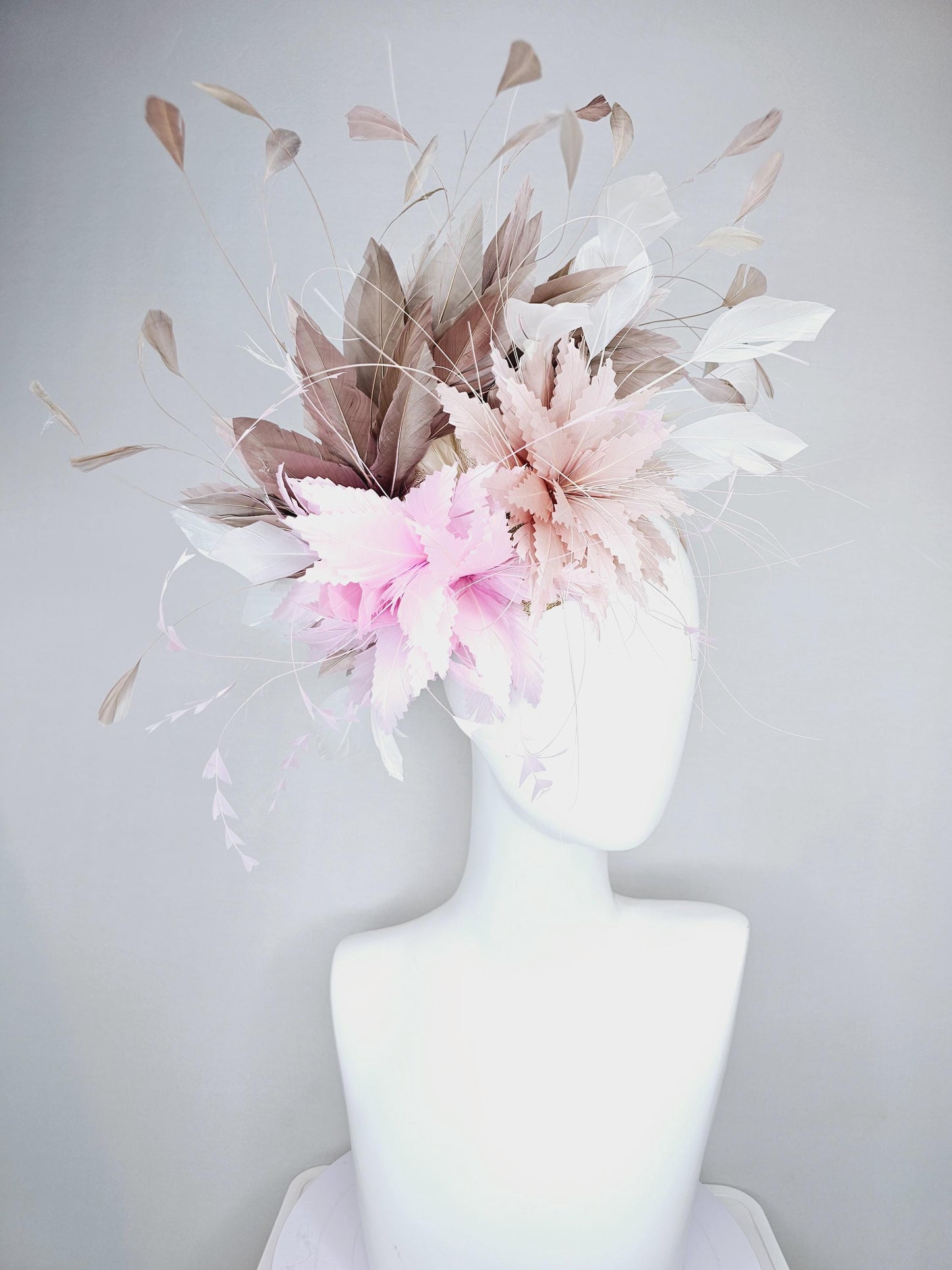 kentucky derby hat fascinator light pink and dusty pink feather flowers with light taupe neutral brown and white ivory branching feathers