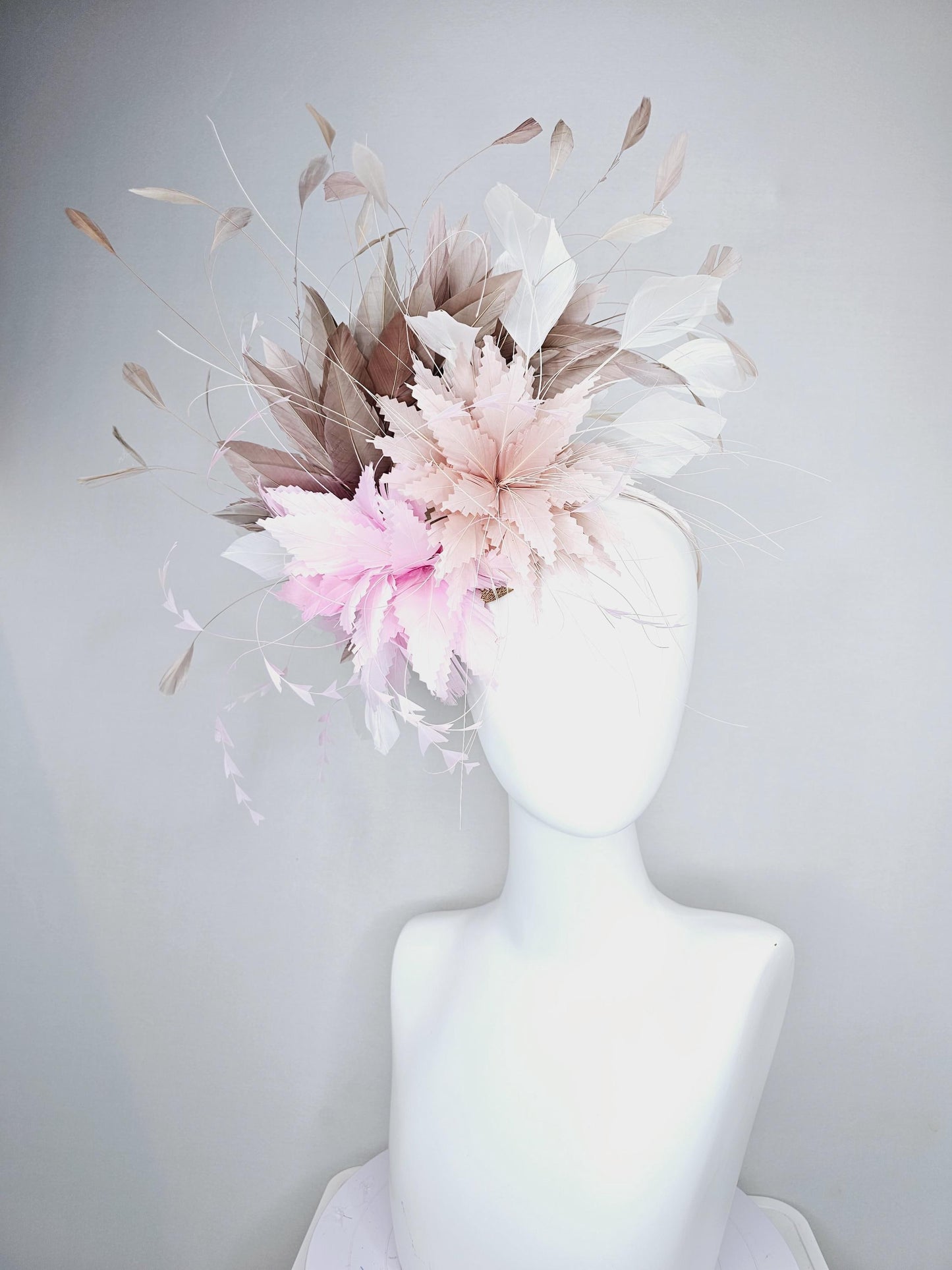 kentucky derby hat fascinator light pink and dusty pink feather flowers with light taupe neutral brown and white ivory branching feathers