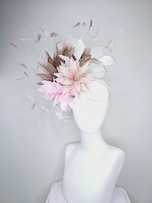 kentucky derby hat fascinator light pink and dusty pink feather flowers with light taupe neutral brown and white ivory branching feathers