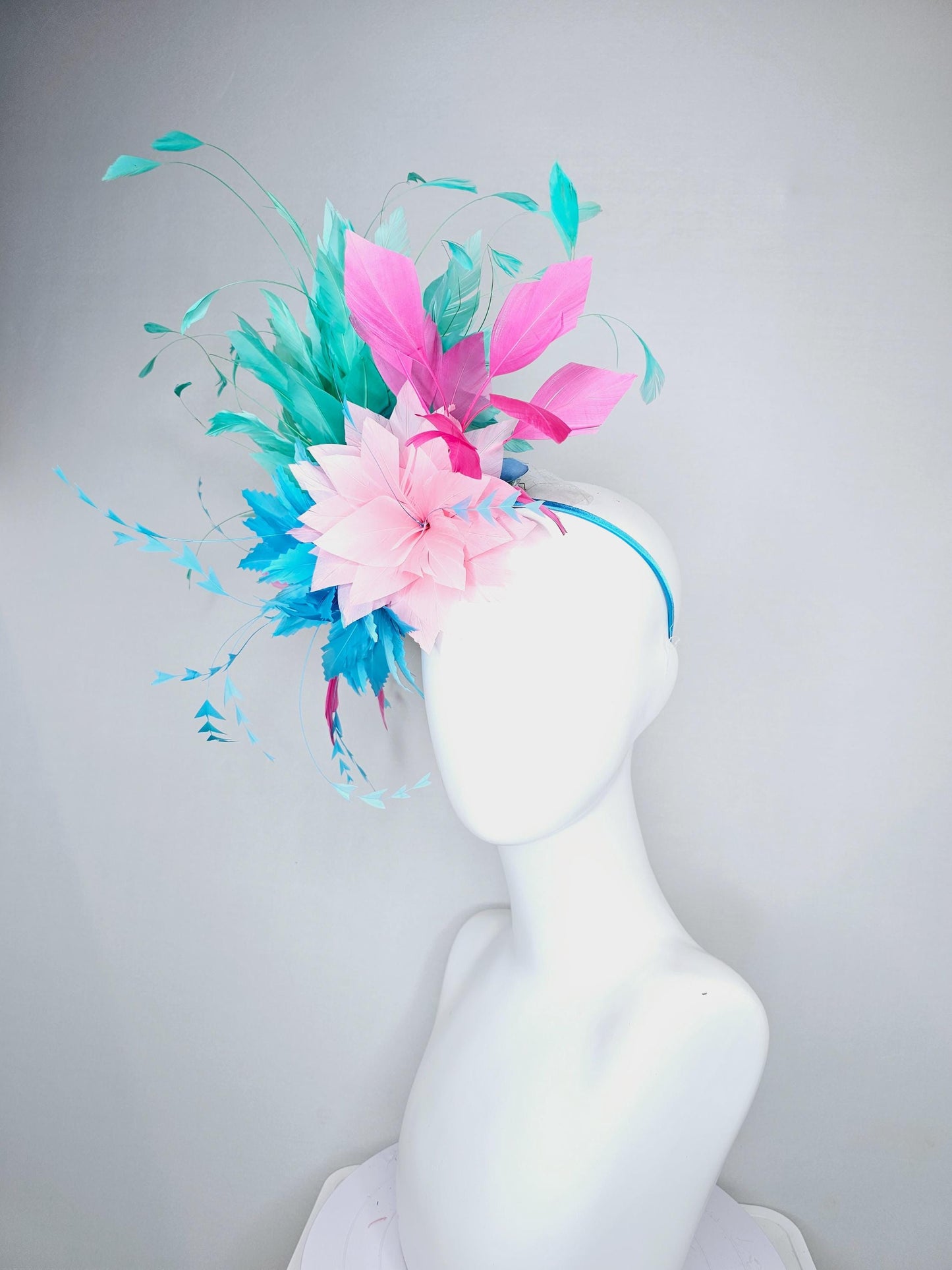 kentucky derby hat fascinator zigzag sky blue and light pink feather flowers with hot pink and turquoise green blue branching feathers