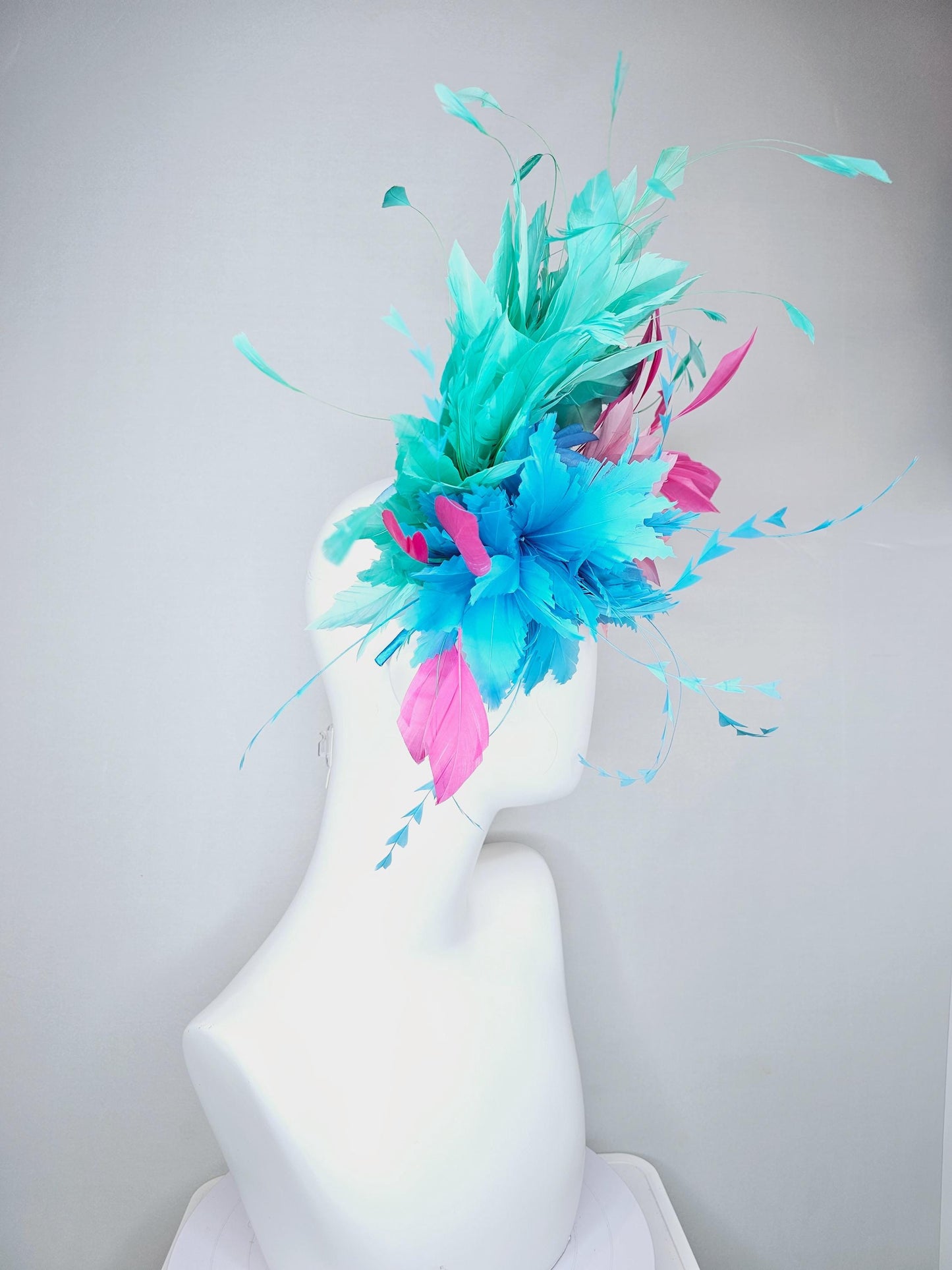 kentucky derby hat fascinator zigzag sky blue and light pink feather flowers with hot pink and turquoise green blue branching feathers