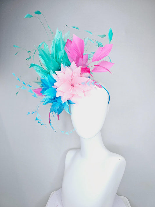 kentucky derby hat fascinator zigzag sky blue and light pink feather flowers with hot pink and turquoise green blue branching feathers