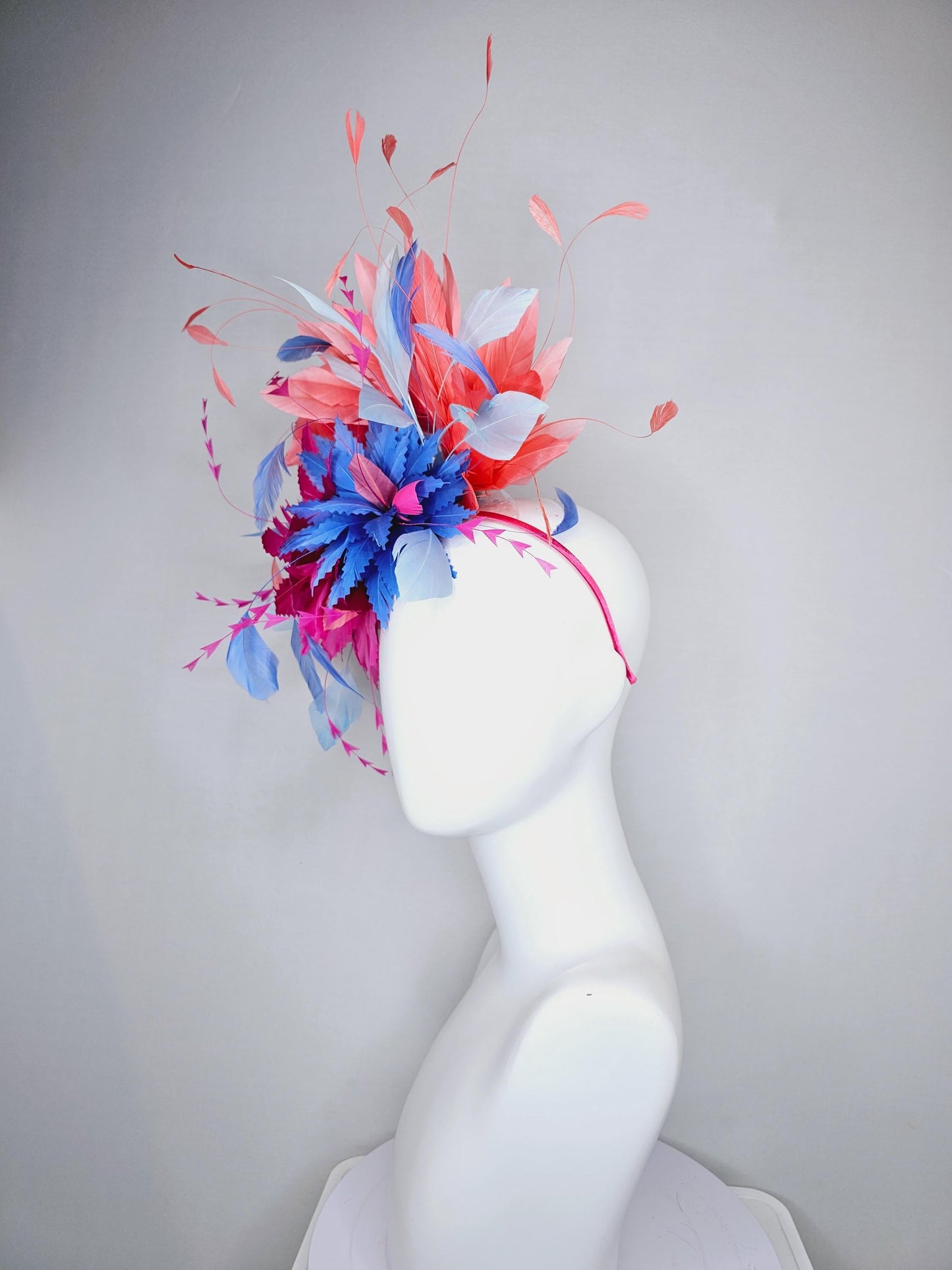 kentucky derby hat fascinator hot pink and cobalt blue zigzag feather flowers with coral orange,light blue and royal blue branching feathers