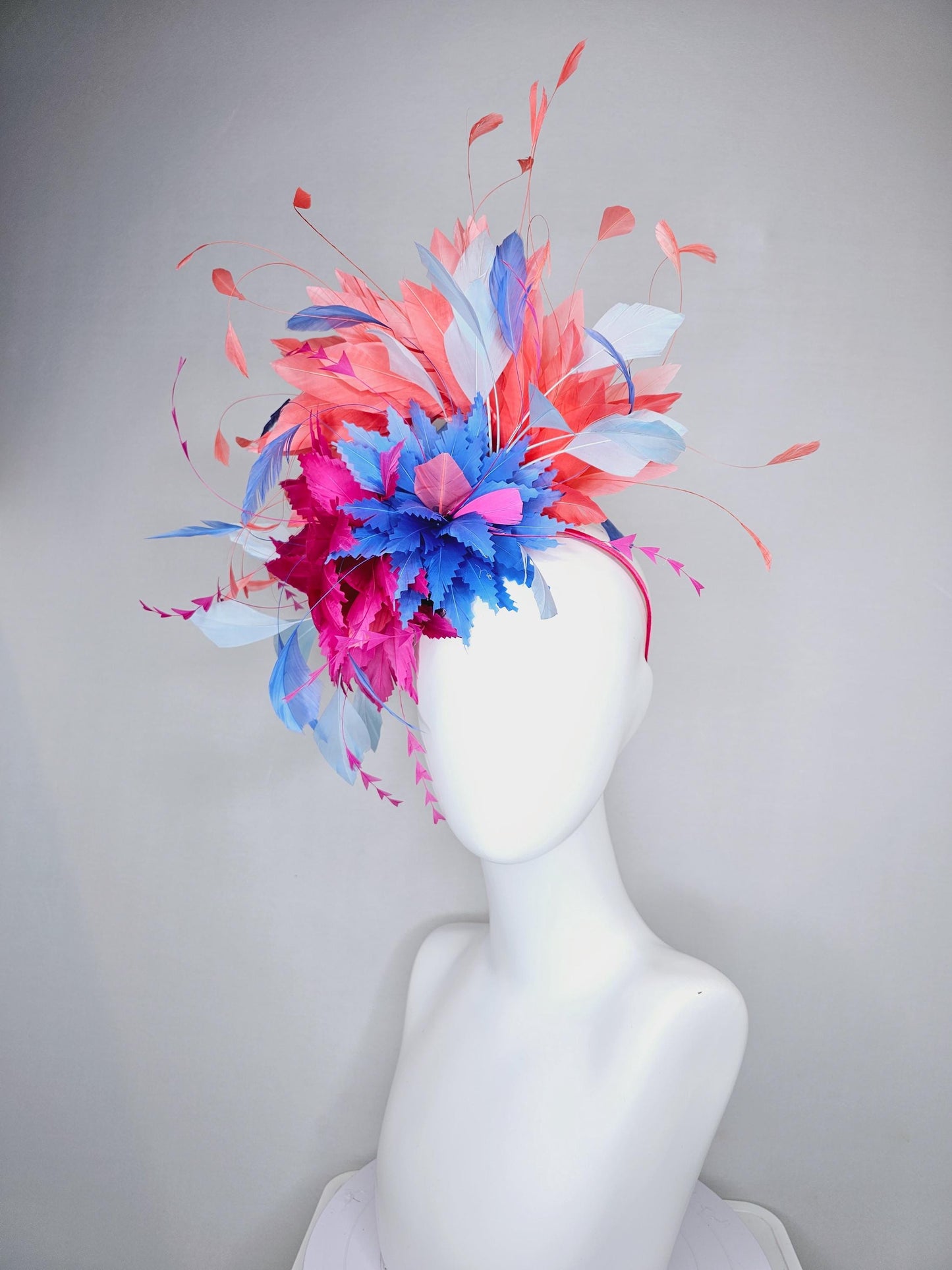 kentucky derby hat fascinator hot pink and cobalt blue zigzag feather flowers with coral orange,light blue and royal blue branching feathers