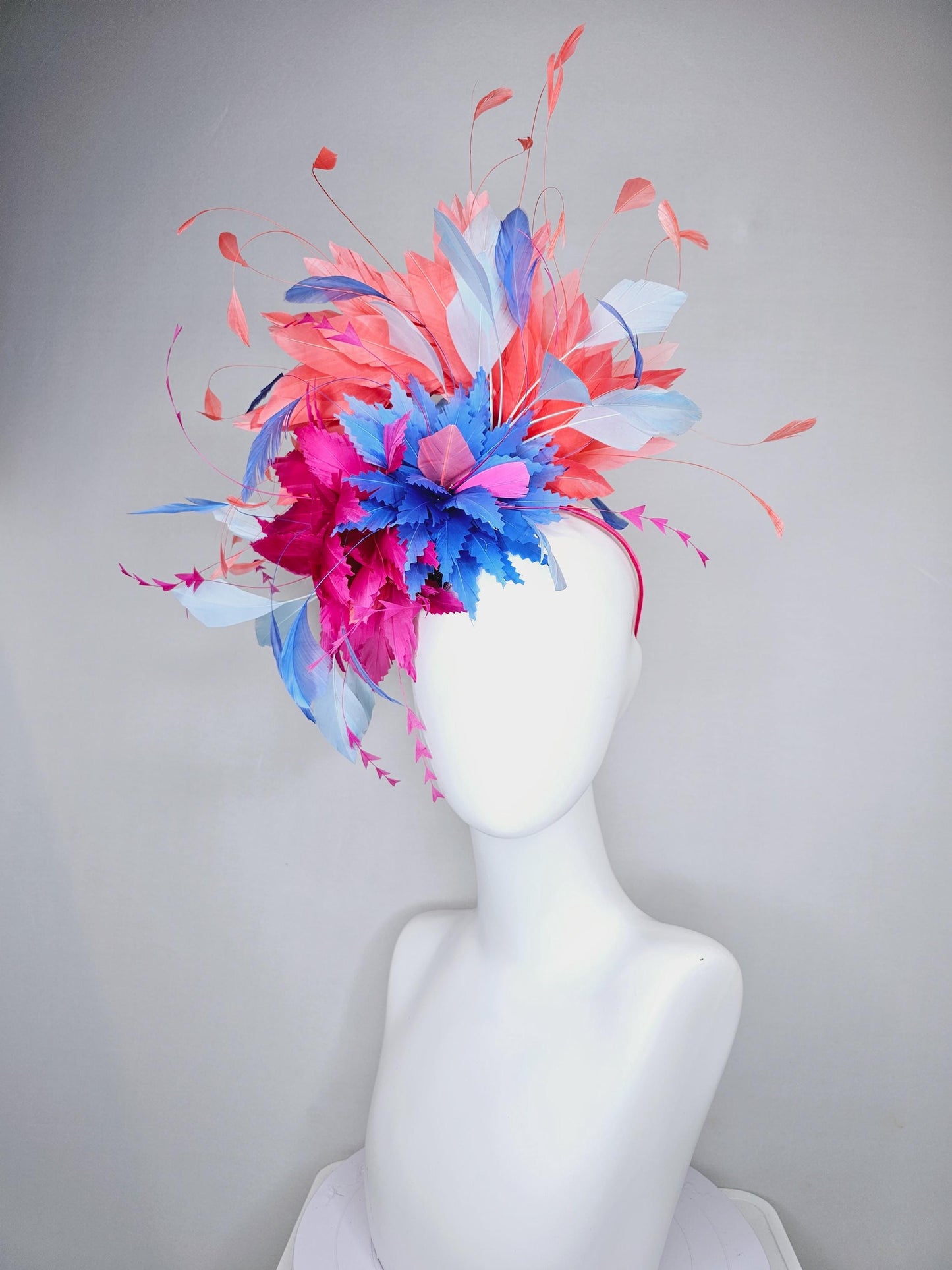 kentucky derby hat fascinator hot pink and cobalt blue zigzag feather flowers with coral orange,light blue and royal blue branching feathers