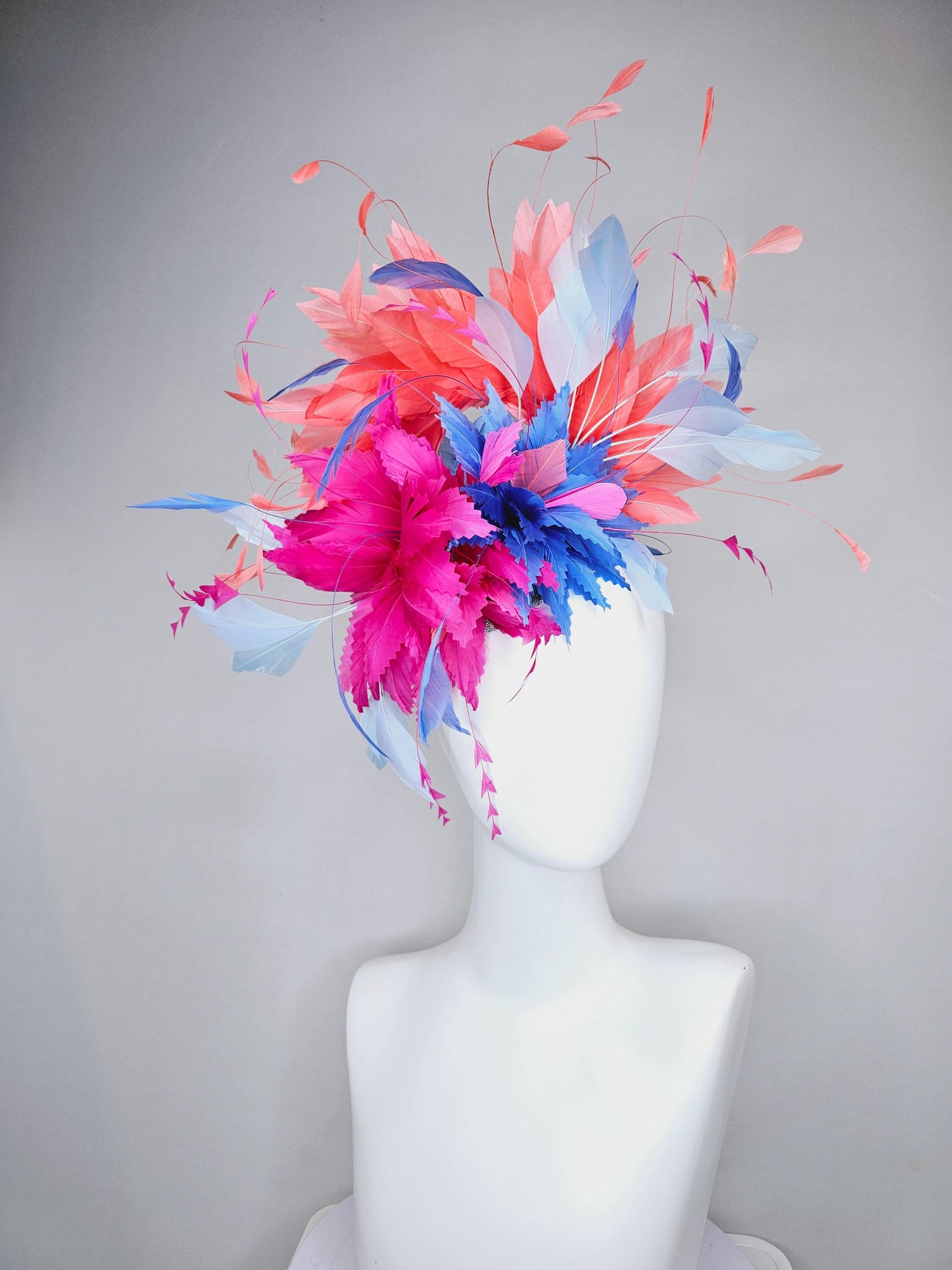 kentucky derby hat fascinator hot pink and cobalt blue zigzag feather flowers with coral orange,light blue and royal blue branching feathers