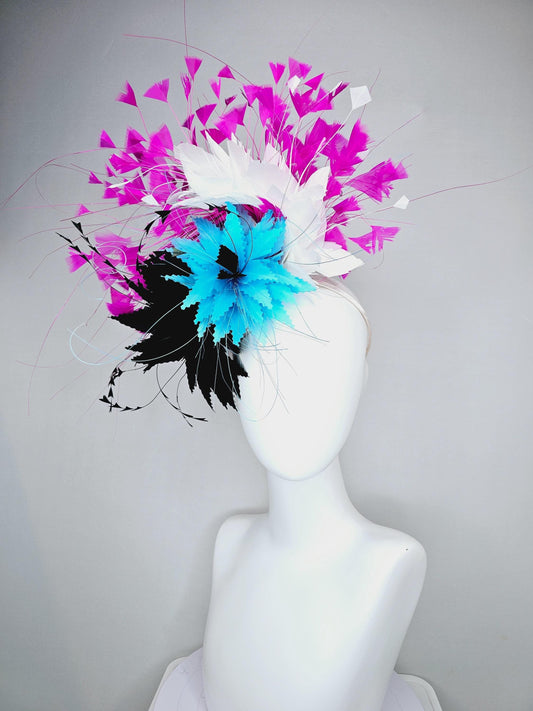 kentucky derby hat fascinator colorful zigzag sky turquoise blue and black feather flowers with white and fuchsia pink branching feathers