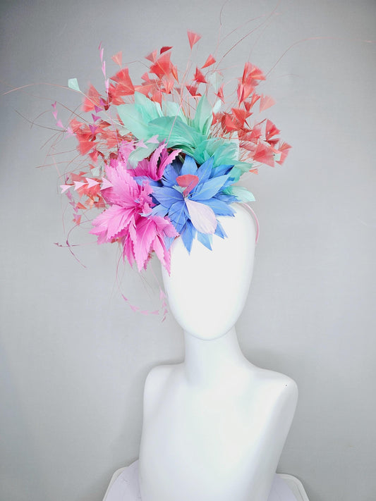 kentucky derby hat fascinator colorful zigzag blush pink and sky blue feather flowers, light mint green and coral orange branching feathers