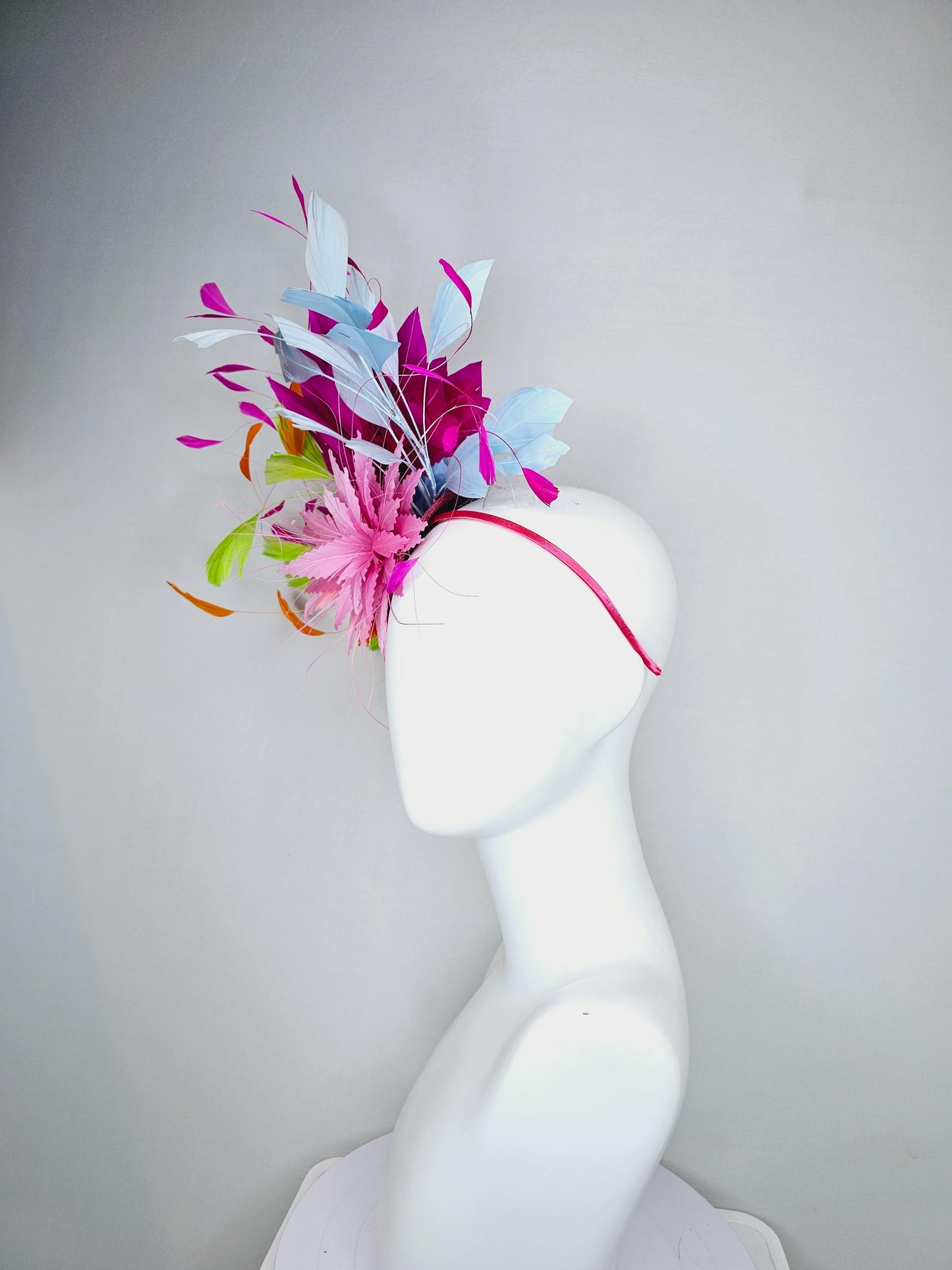 kentucky derby hat fascinator blush pink and orange zigzag feather flowers, colorful fuchsia pink, light blue, lime green branching feathers