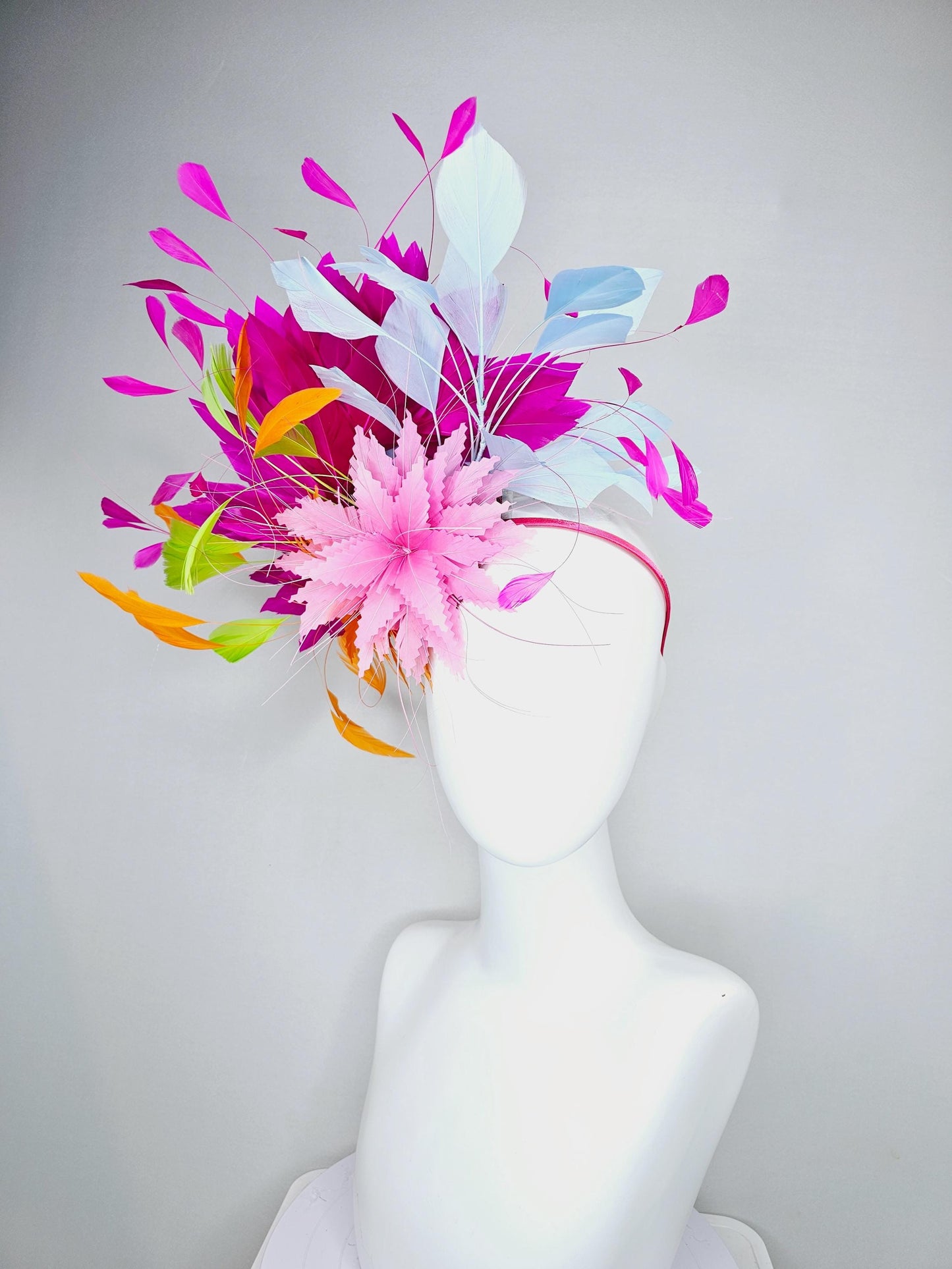 kentucky derby hat fascinator blush pink and orange zigzag feather flowers, colorful fuchsia pink, light blue, lime green branching feathers